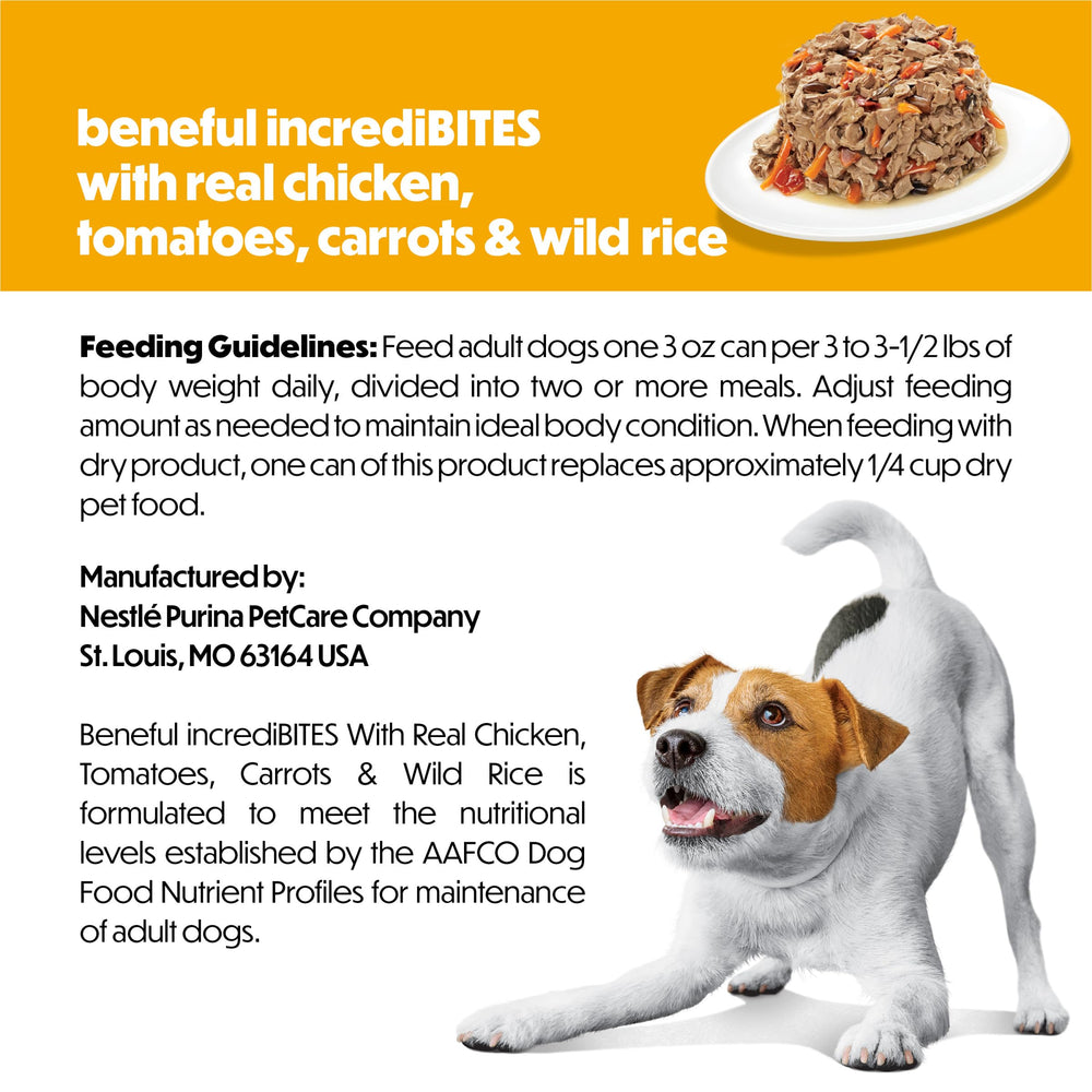 Real chicken and vegetables visible on Beneful small-breed can.