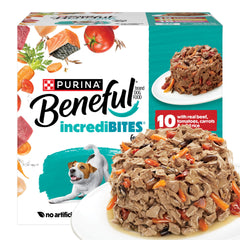 Beneful Purina small-breed wet food variety pack shows real beef, chicken, and salmon for small-dog energy.