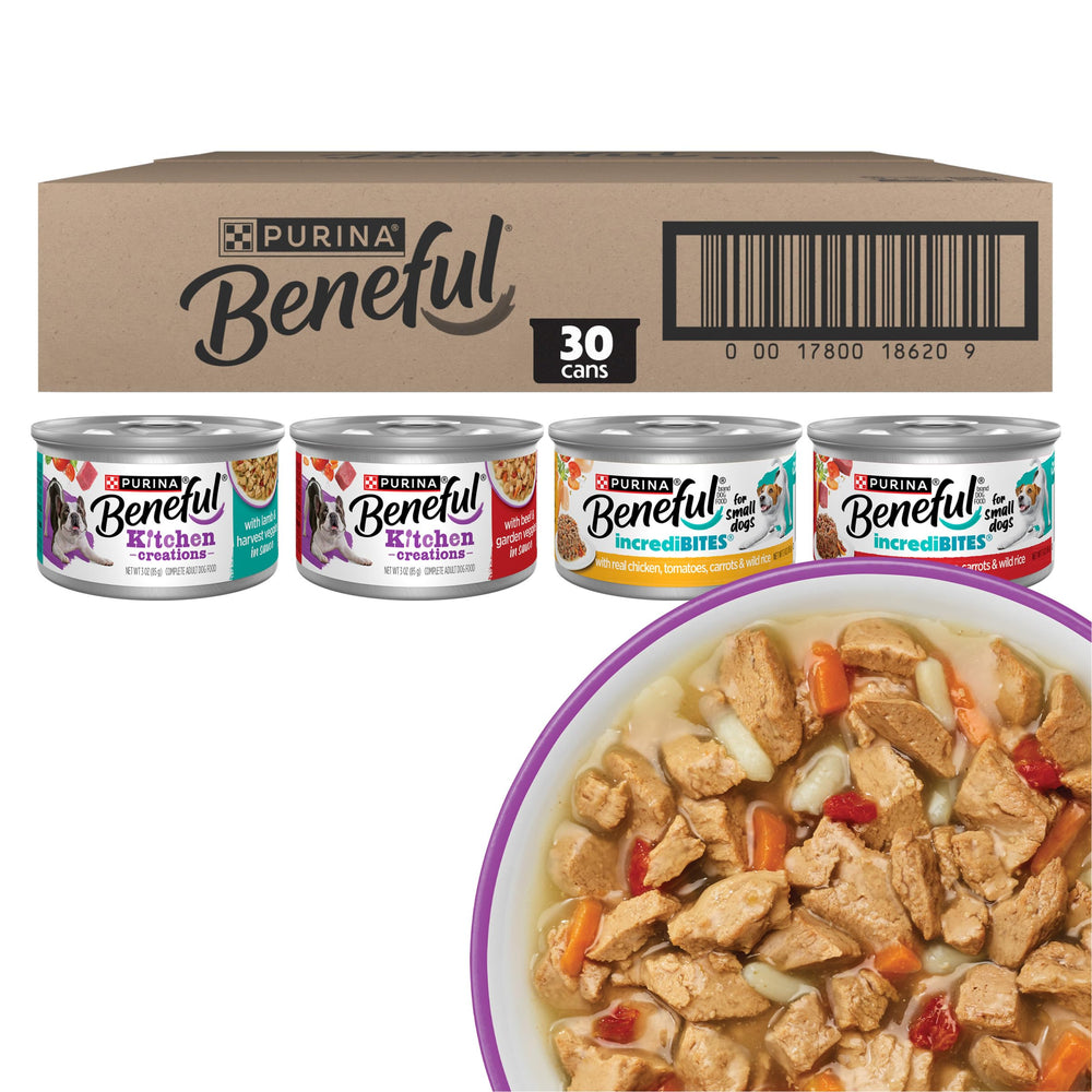 Beneful variety-pack 3oz cans show four recipes for dogs' diverse meals