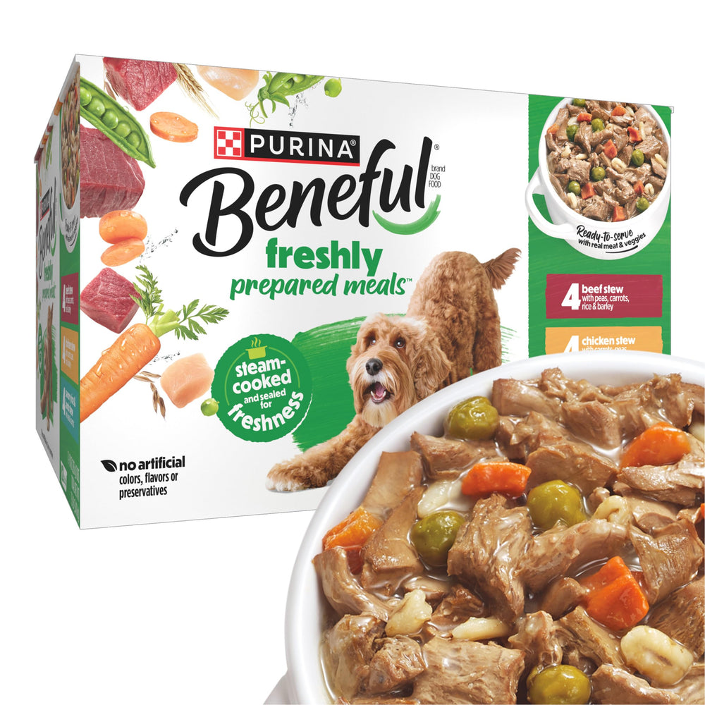 Beneful variety-pack tubs in gravy show convenient meals with varied flavors for dogs.