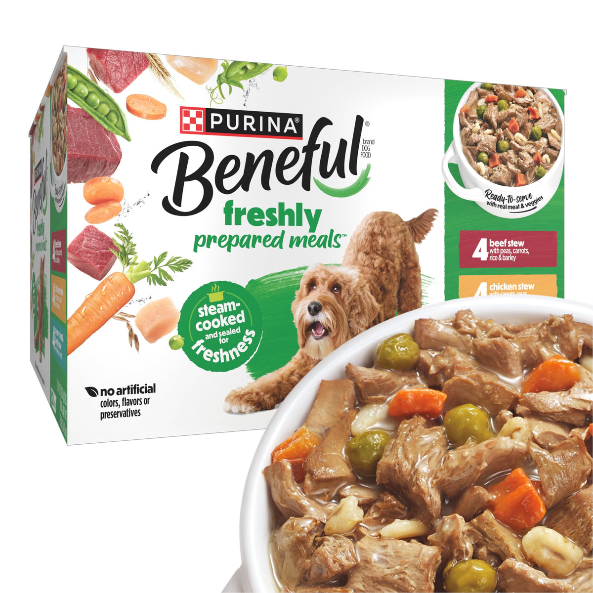 Beneful variety-pack tubs in gravy show convenient meals with varied flavors for dogs.