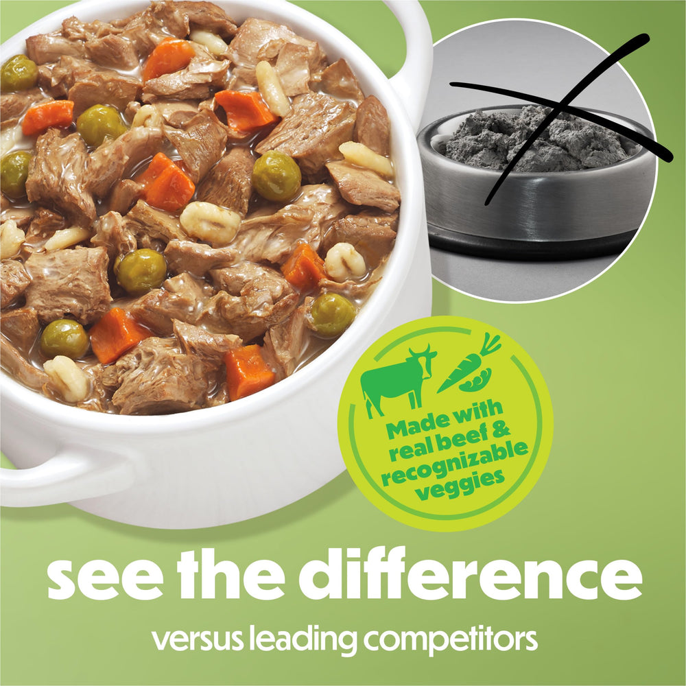 Close-up of tender beef chunks in Beneful beef stew.