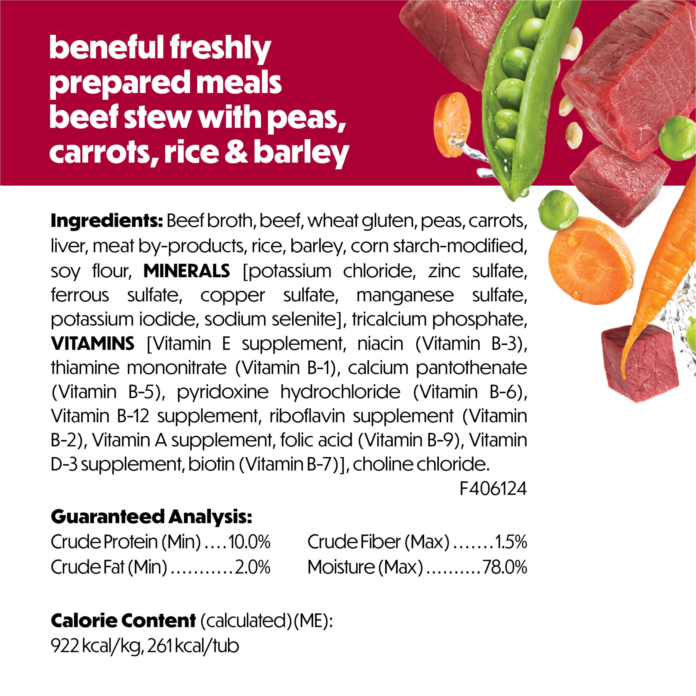 Serving bowl of Beneful beef stew with savory gravy.
