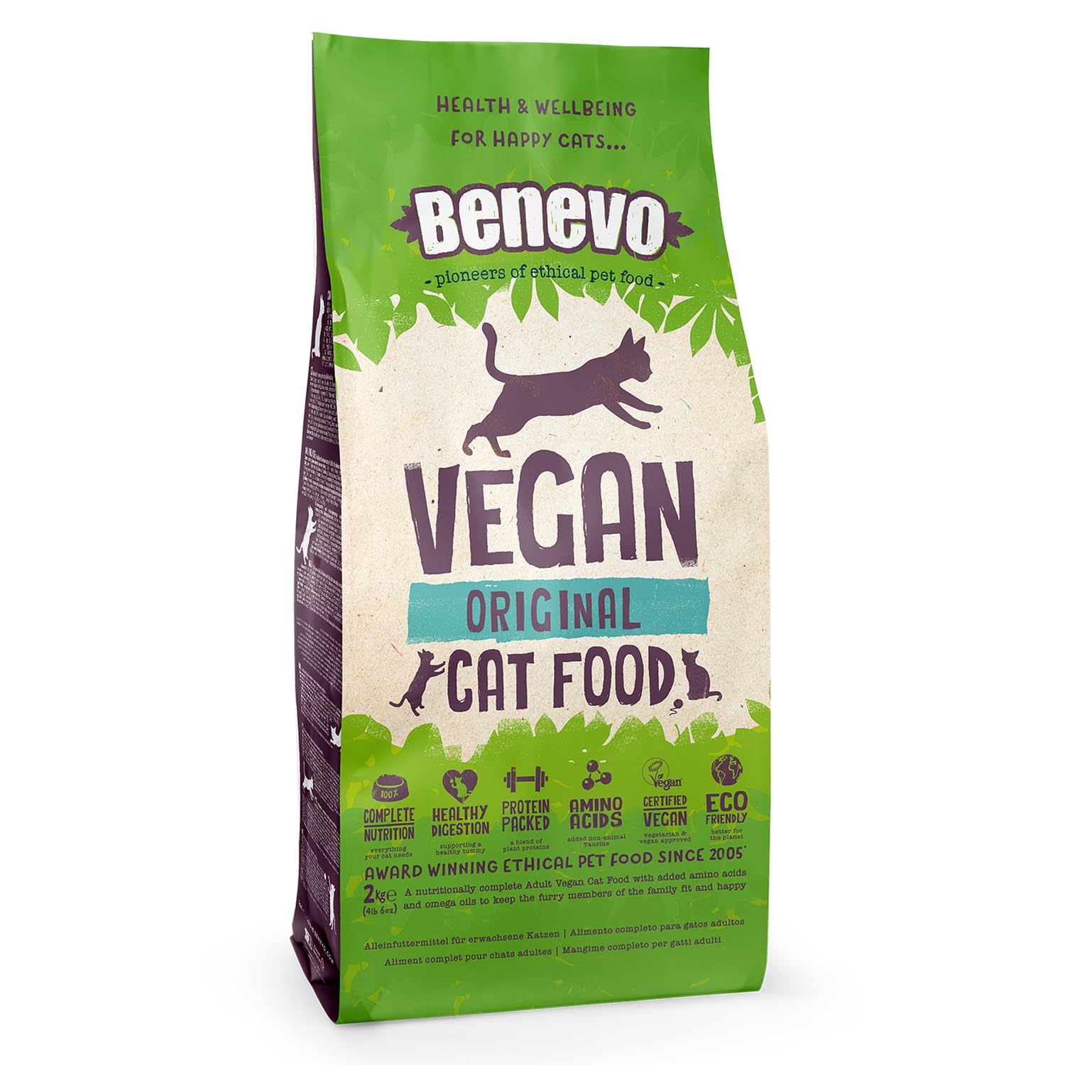 Benevo vegan cat food 2kg kibble bowl shows complete adult cat nutrition.
