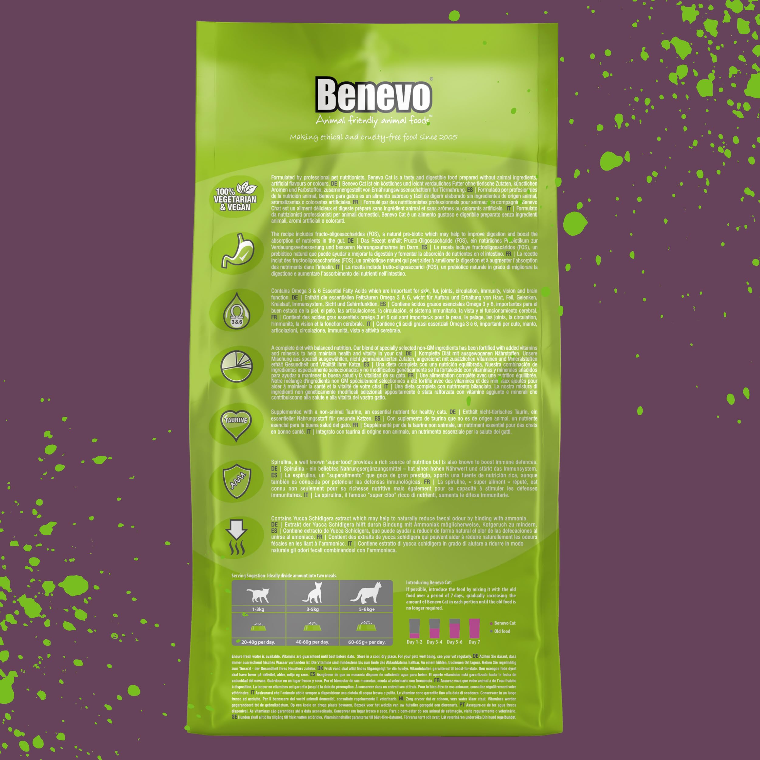 Benevo vegan cat food 2kg packaging box highlights UK-made quality and cruelty-free commitment.