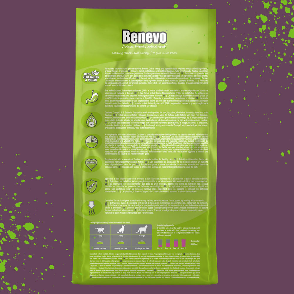 Benevo vegan cat food 2kg packaging box highlights UK-made quality and cruelty-free commitment.