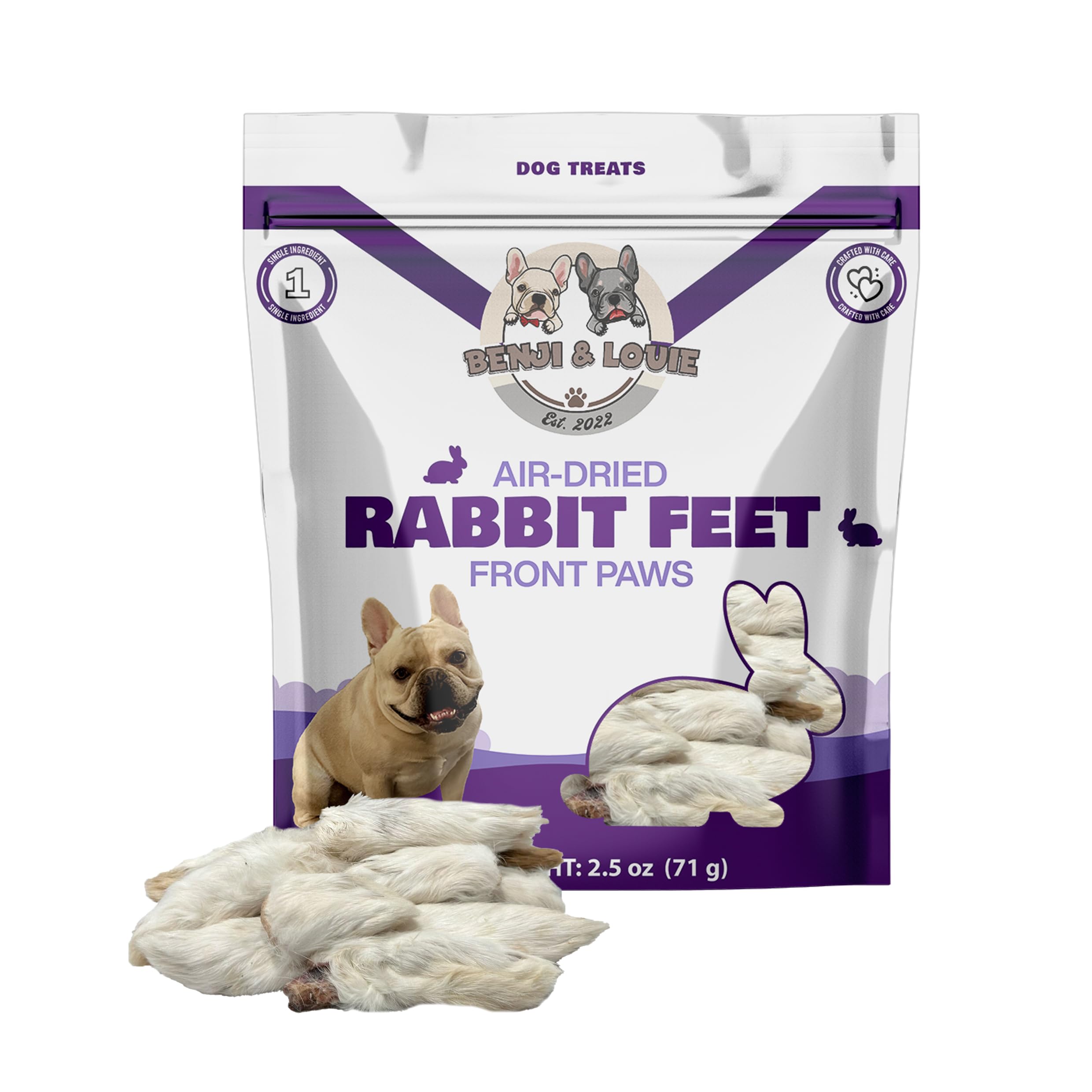Benji & Louie air-dried rabbit feet front with fur, ideal training rewards.