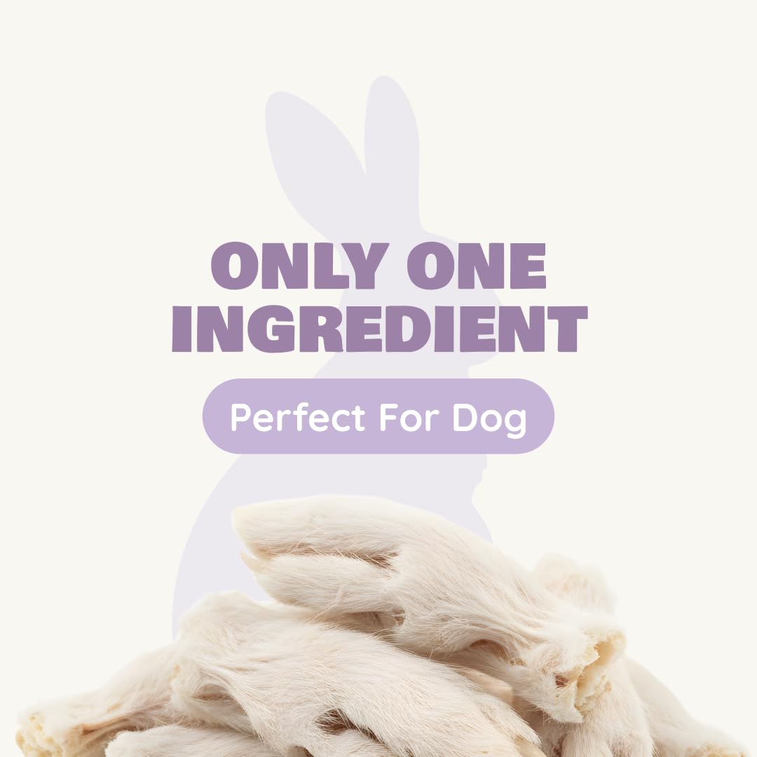 Benji & Louie air-dried rabbit feet front with fur, tasty natural chew.