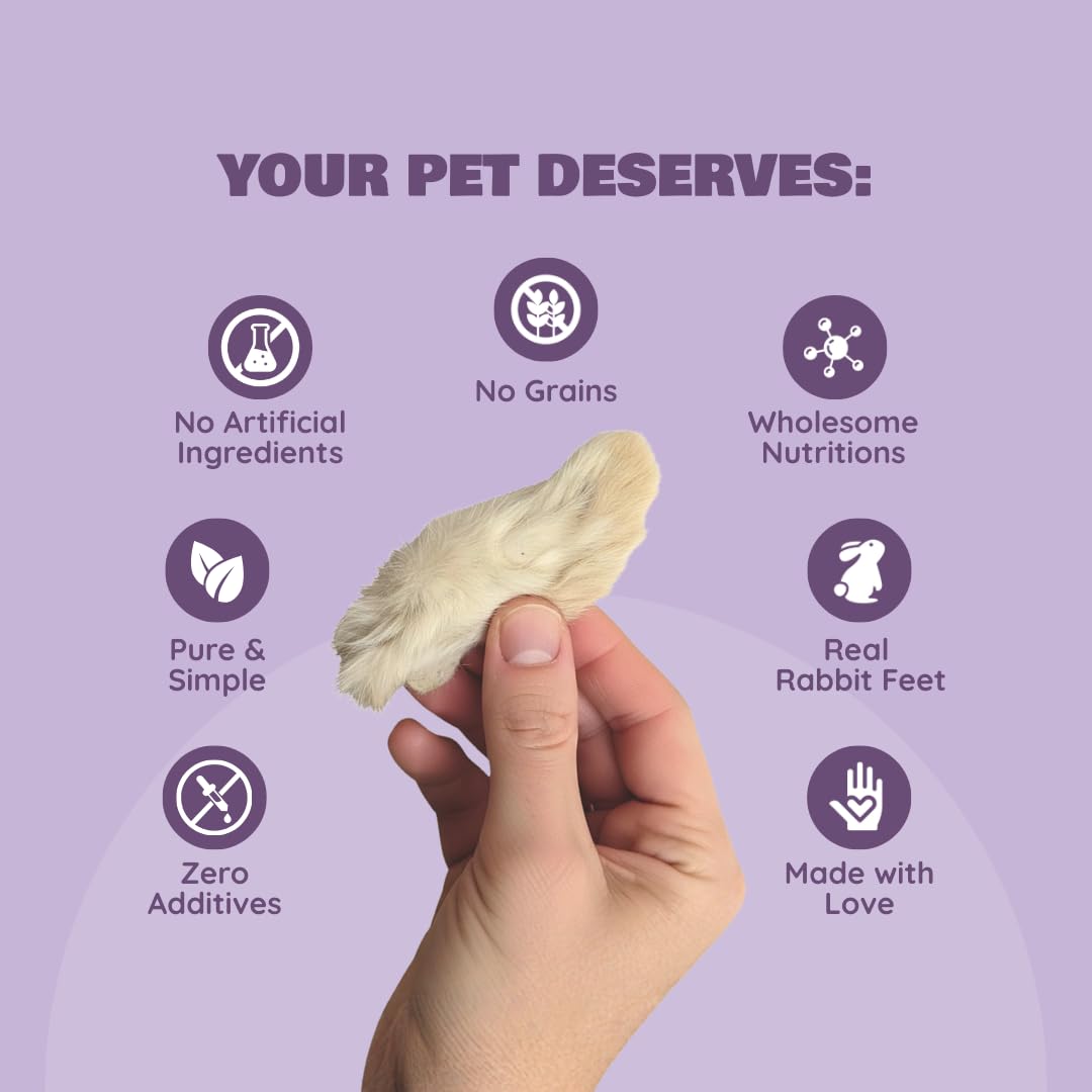 Benji & Louie air-dried rabbit feet front with fur, great for travel snacks.