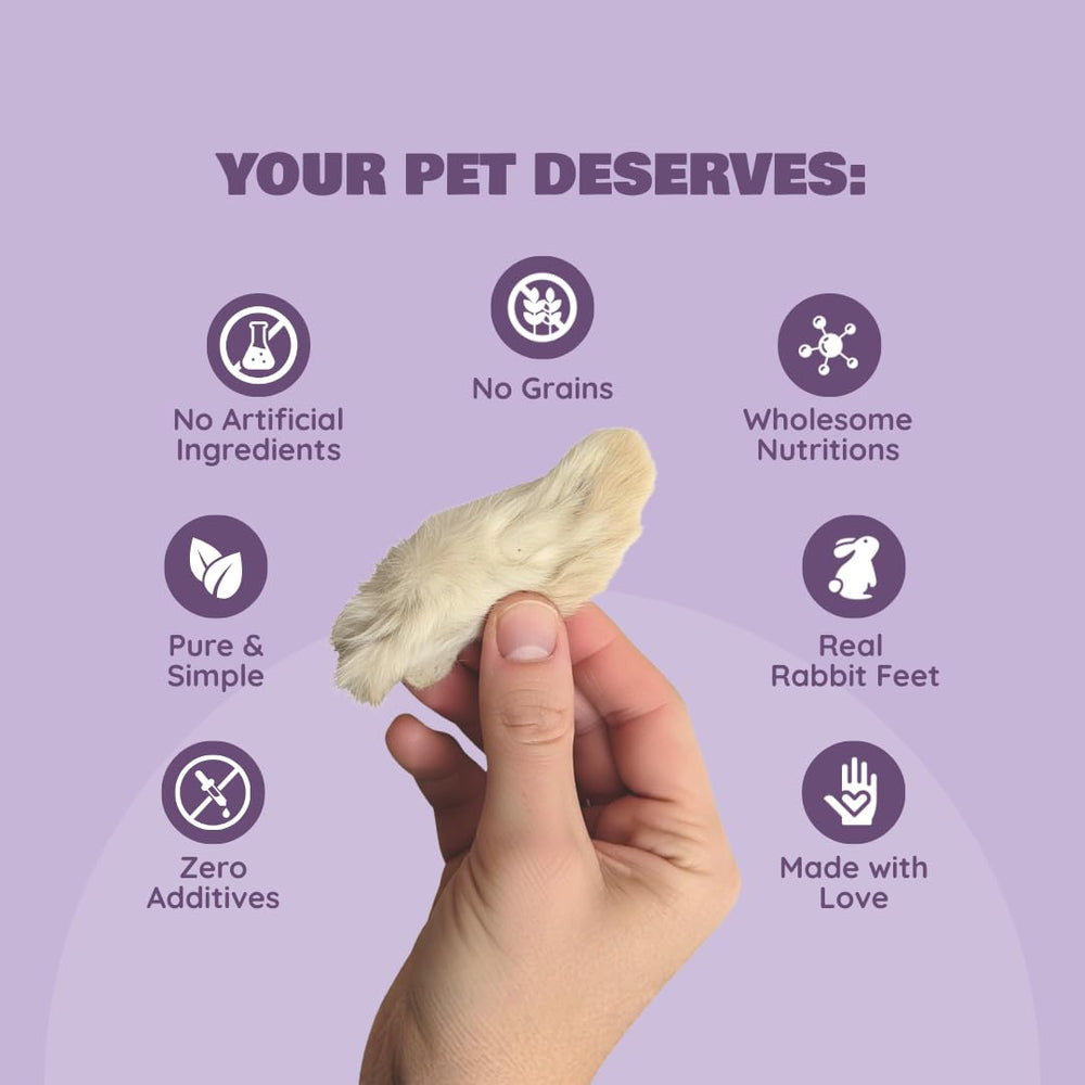 Benji & Louie air-dried rabbit feet front with fur, great for travel snacks.