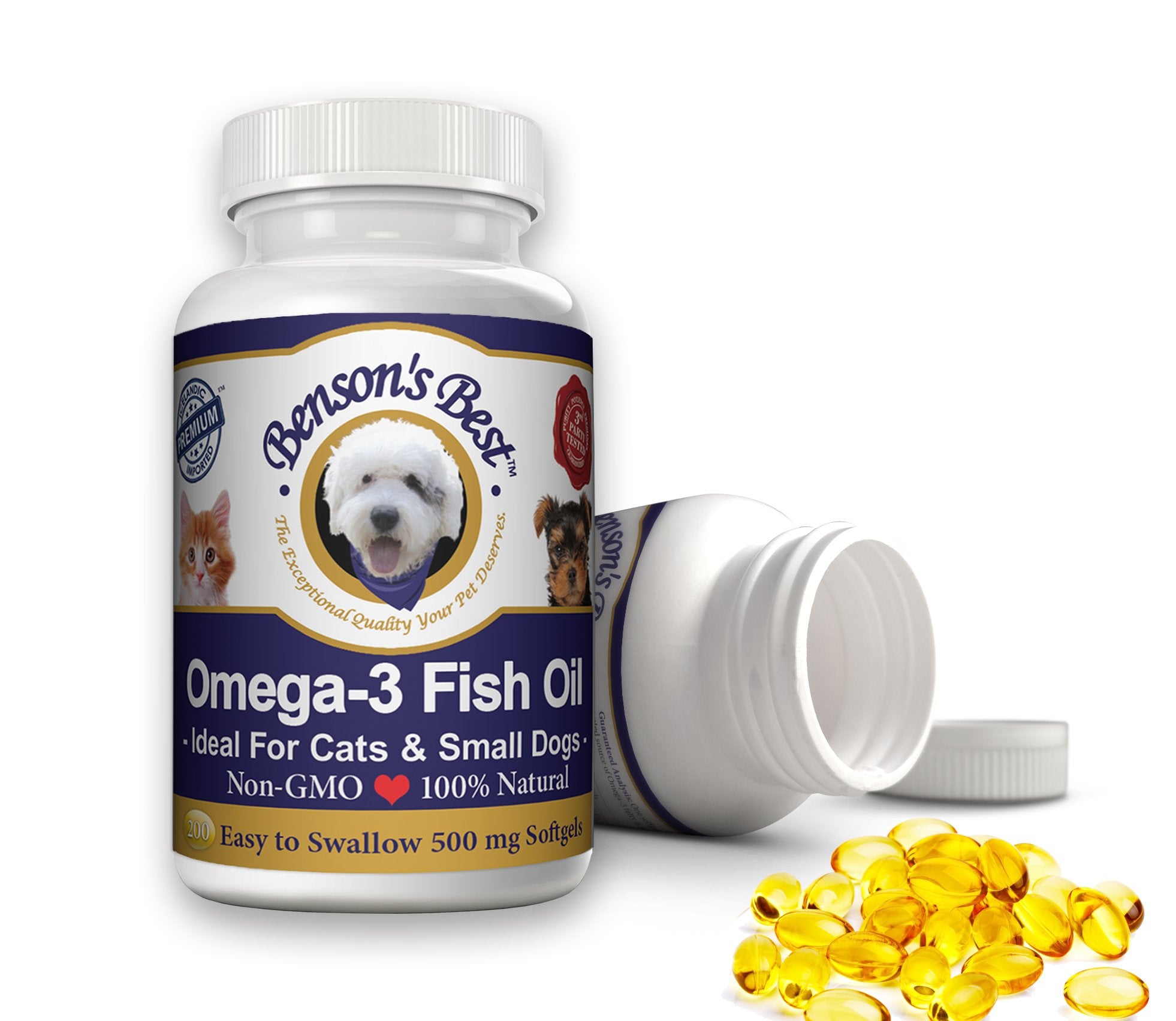 Benson's Best Omega-3 capsules close-up supporting pet coat and skin health.