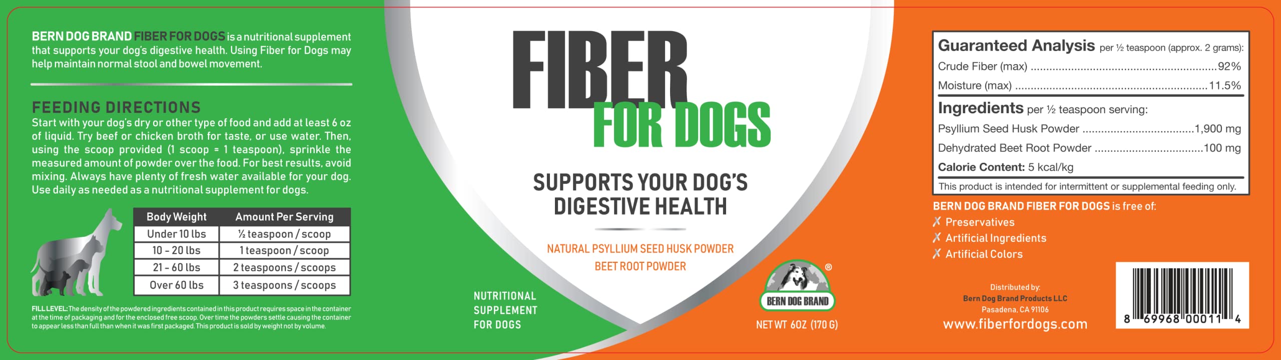 Bern Dog Brand Fiber for Dogs packaging label with two-ingredient formula