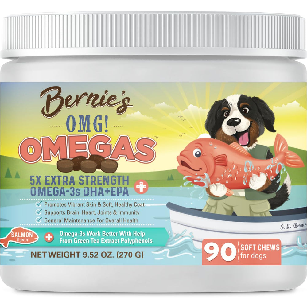 Bernie's OMG! Omegas Chews bottle front with salmon flavor and omega blend.