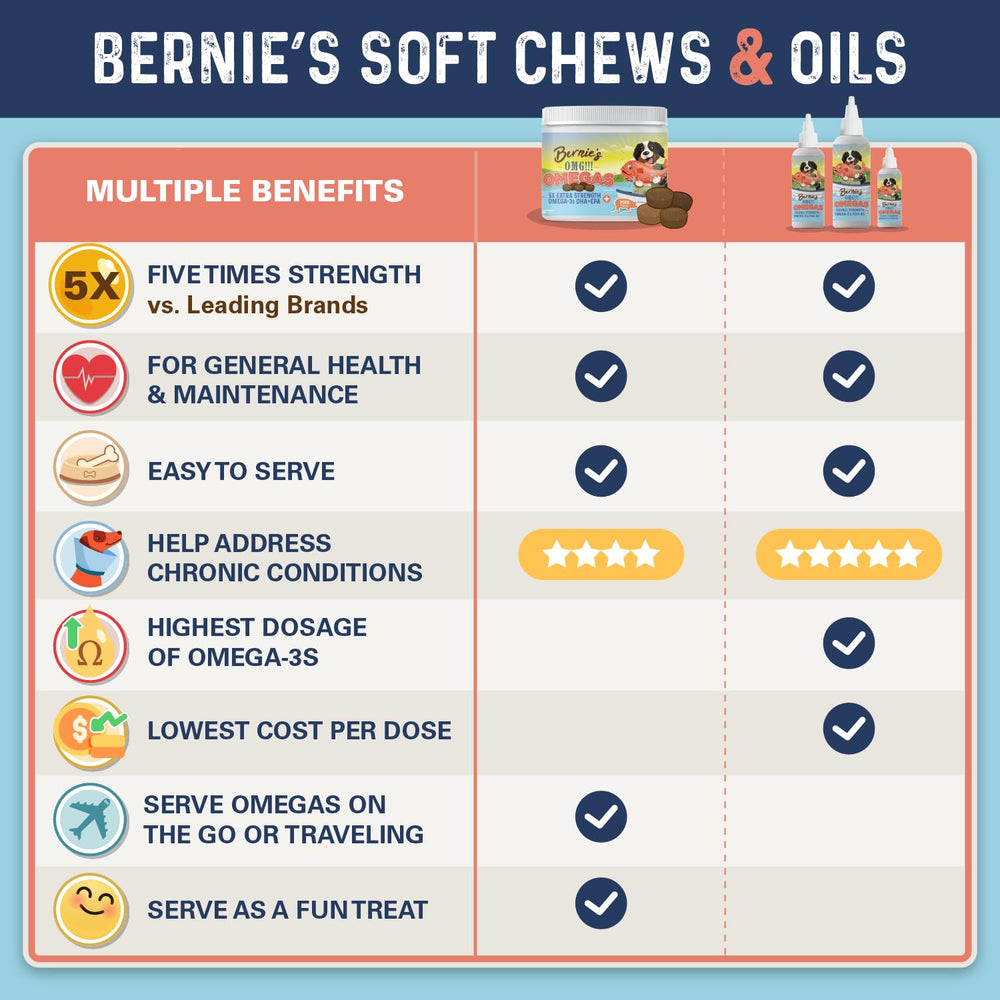 Bernie's OMG! Omegas Chews salmon flavor image, a flavorful omega supplement dogs enjoy.