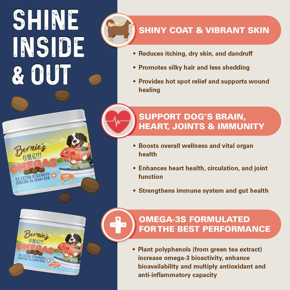 Bernie's OMG! Omegas Chews soft texture close-up for easy daily serving.