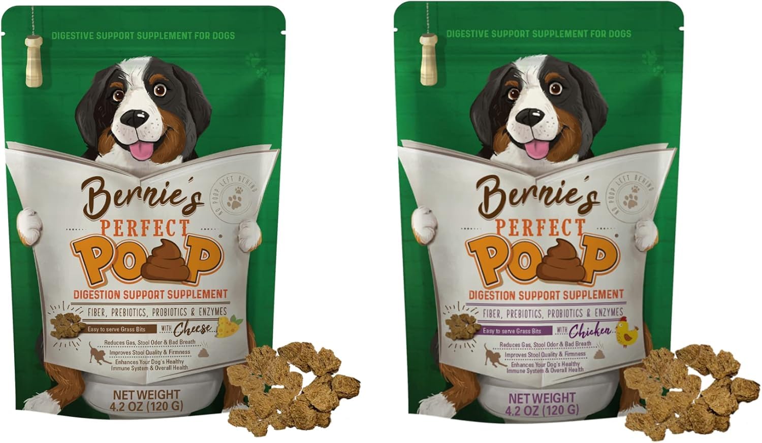 Bernie's Perfect Poop bottle front highlighting the high-fiber digestive formula.