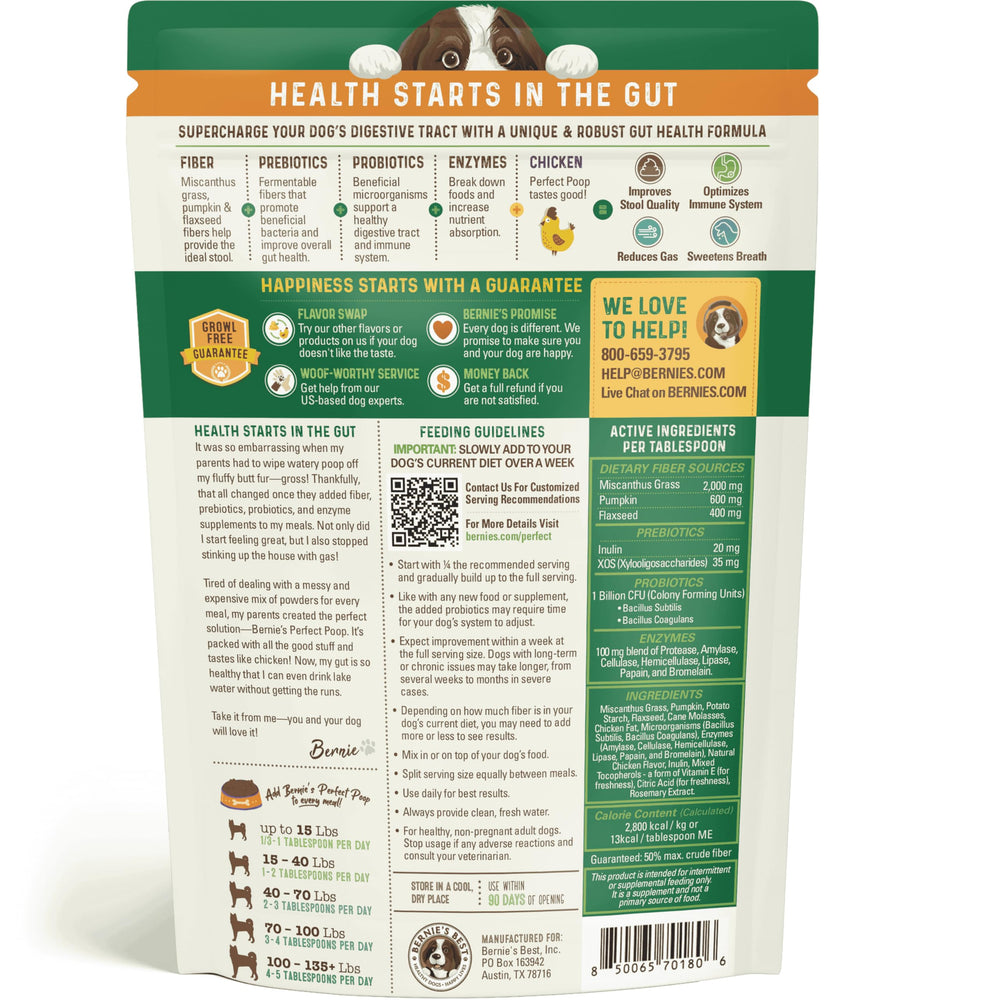 Label features prebiotics and probiotics for gut balance in Bernie's product.