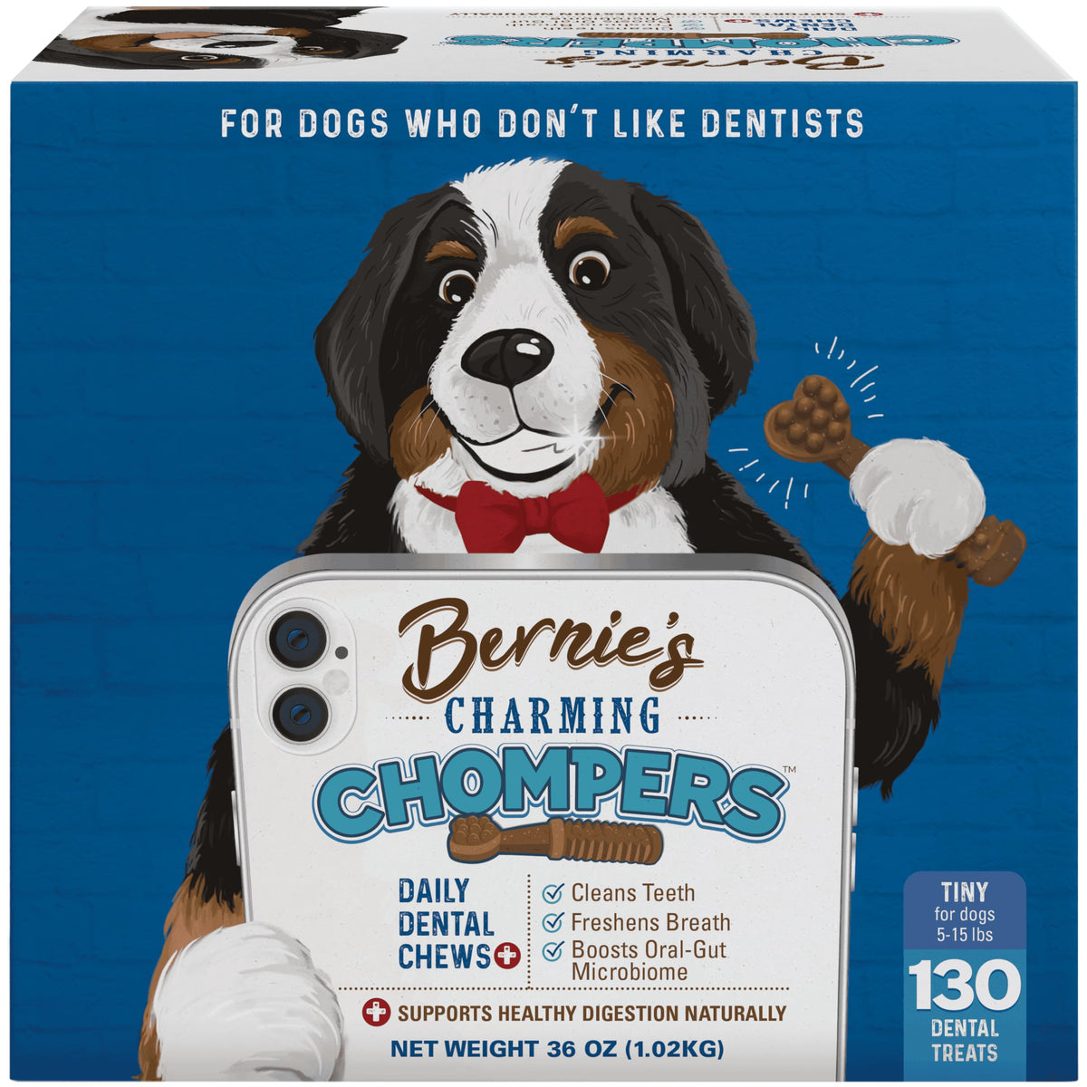 Bernie's Charming Chompers pack shot showing daily dental care benefits