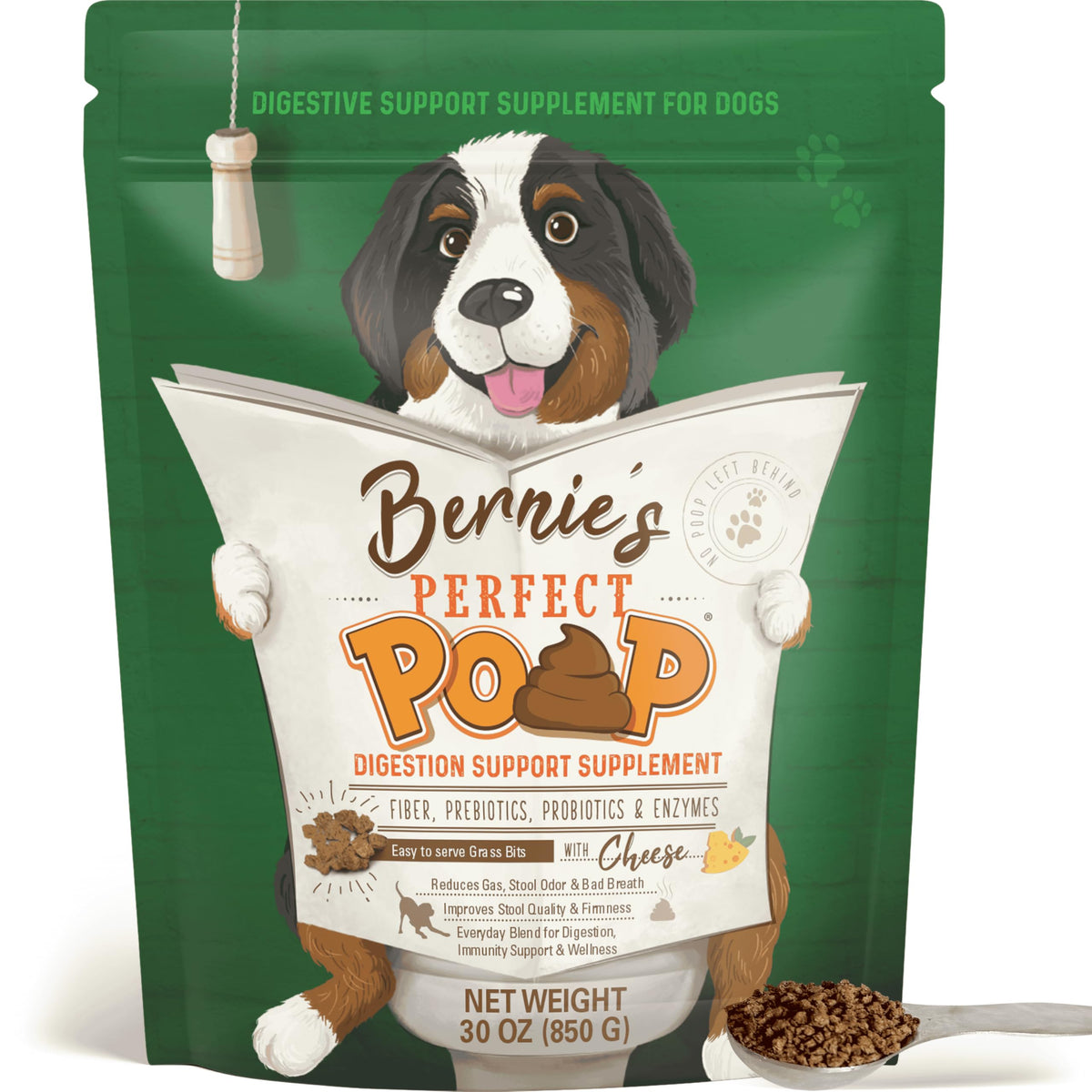 Bernie's Perfect Poop bottle shows cheddar cheese formula for digestion support.