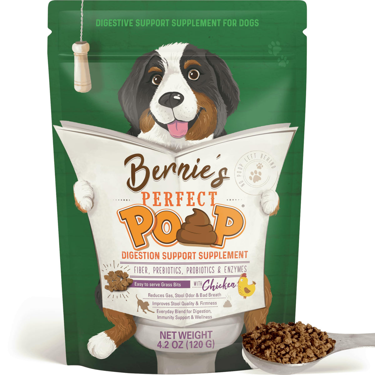 Bernie's Perfect Poop bottle label highlighting a fiber-rich formula for digestive support.