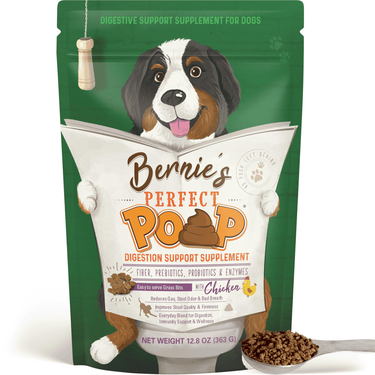 Bernie's Perfect Poop bottle with grass bits for digestion support.