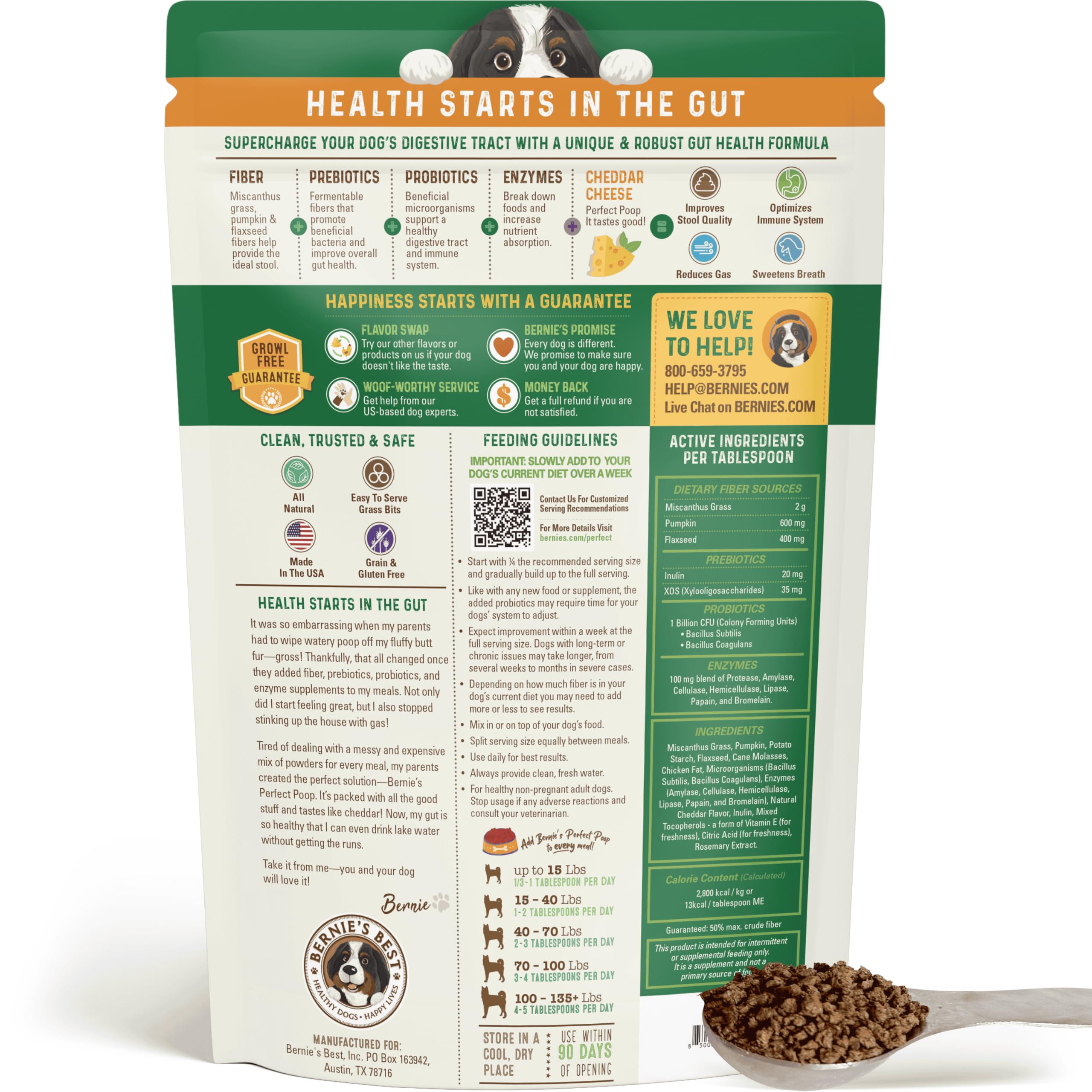 Bernie's Perfect Poop cheddar cheese scoop highlights dosing and texture for easy use.