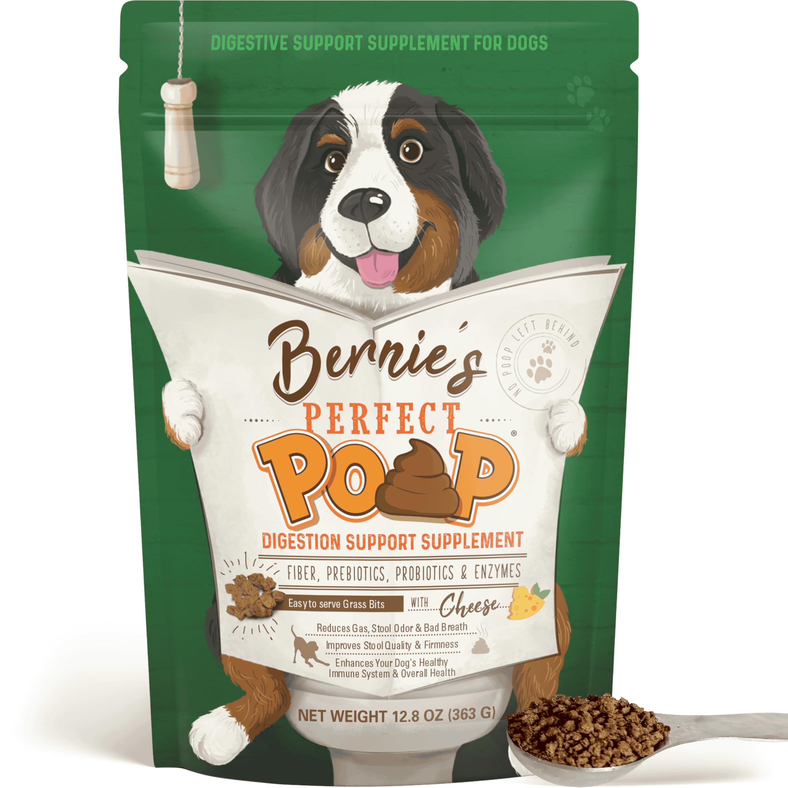 Bernie's Perfect Poop Digestive Dog bag standup showing packaging and premium gut-support formula.