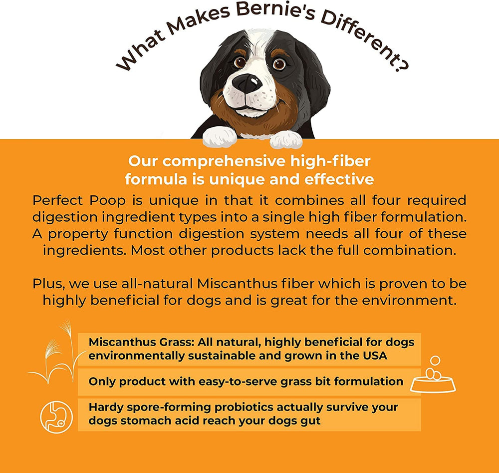 Bernie's Perfect Poop flax seed fiber blend emphasizes premium ingredients.