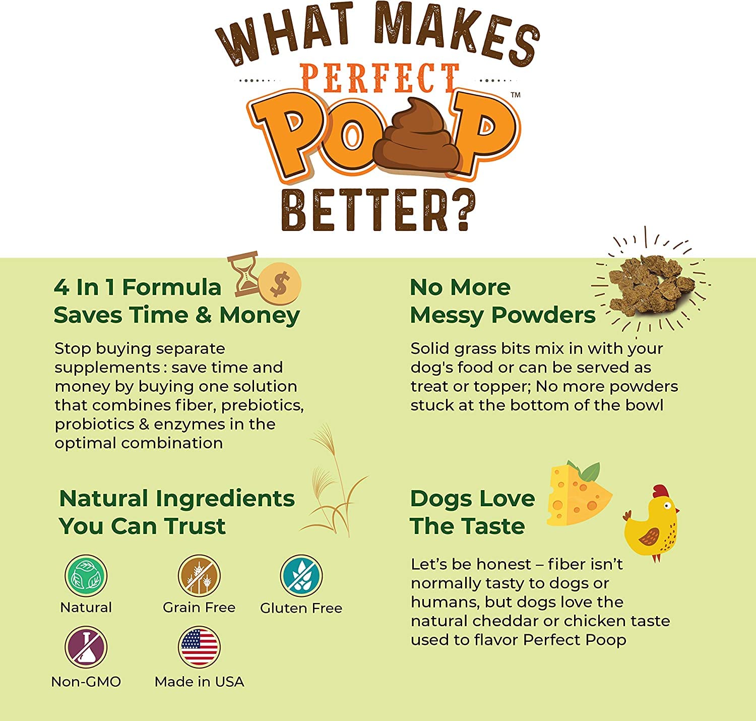 Bernie's Perfect Poop ingredients spotlight fiber, prebiotics, probiotics and enzymes.