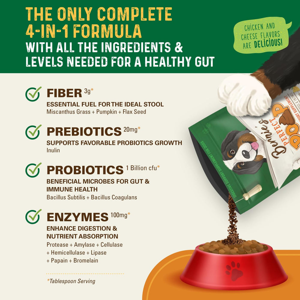 Front packaging of Bernie's Perfect Poop emphasizes canine digestive wellness.
