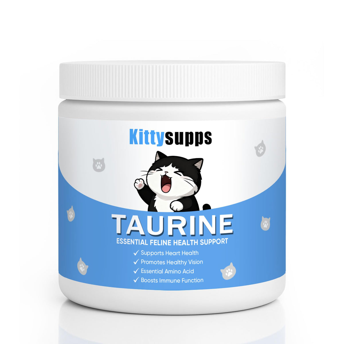BERSEG KittySupps Taurine Powder container for easy daily dosing in cats.