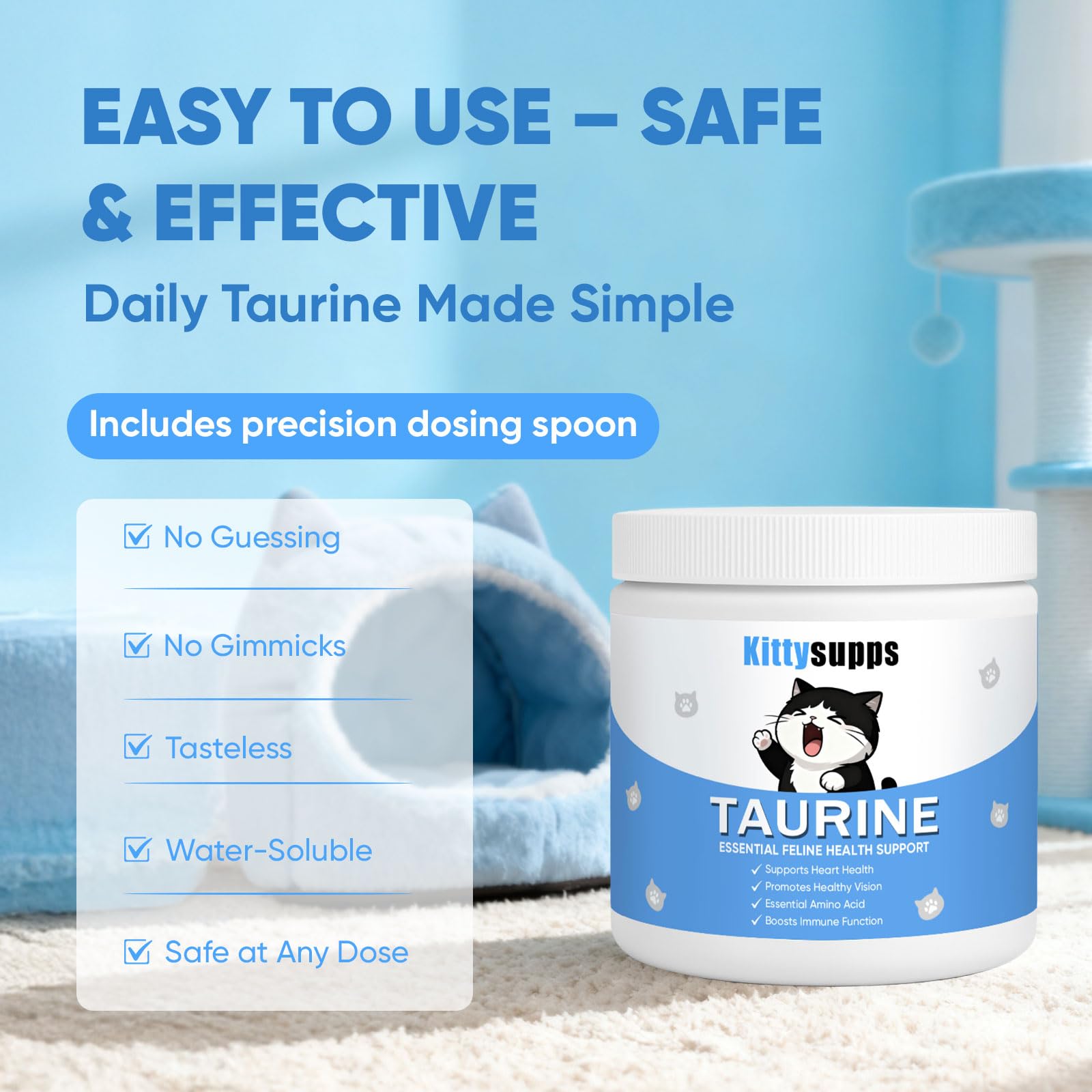BERSEG KittySupps Taurine Powder mixing into dry food for routine support.