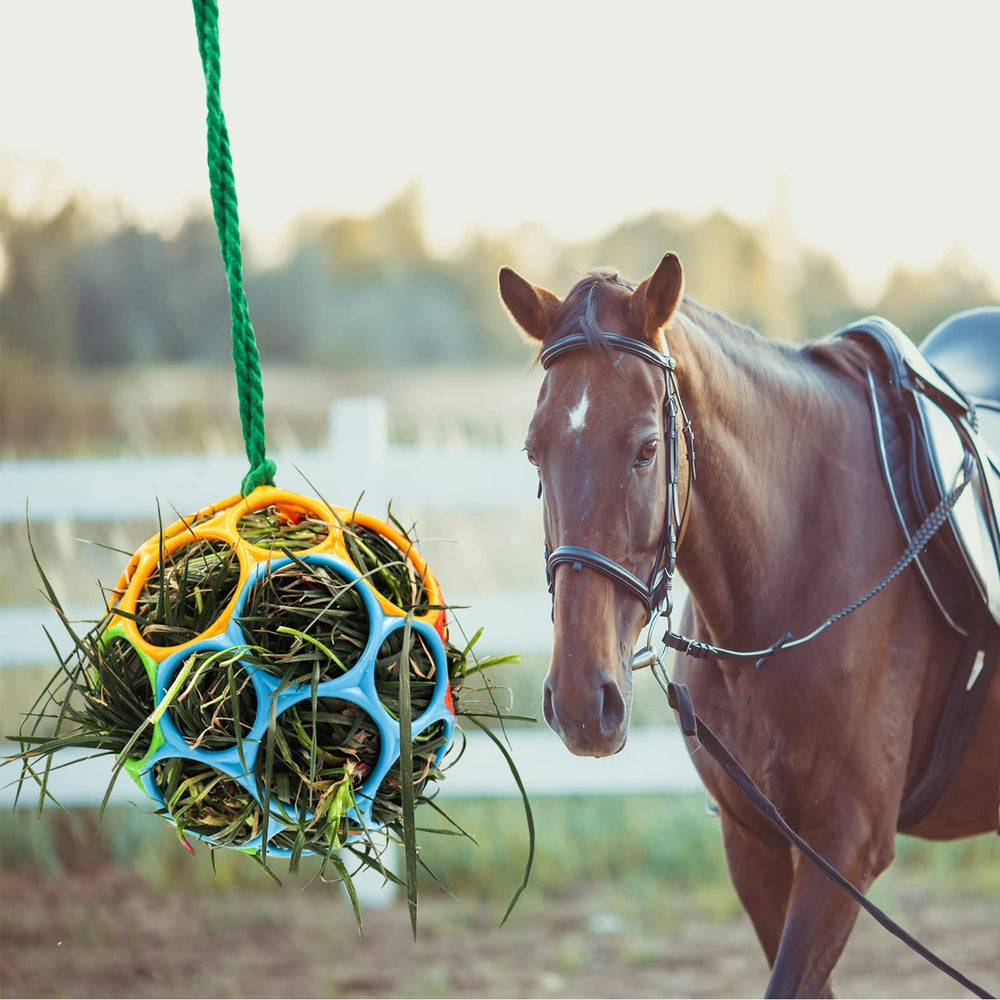 Besimple horse feeder ball hanging red to brighten stalls and entertain.