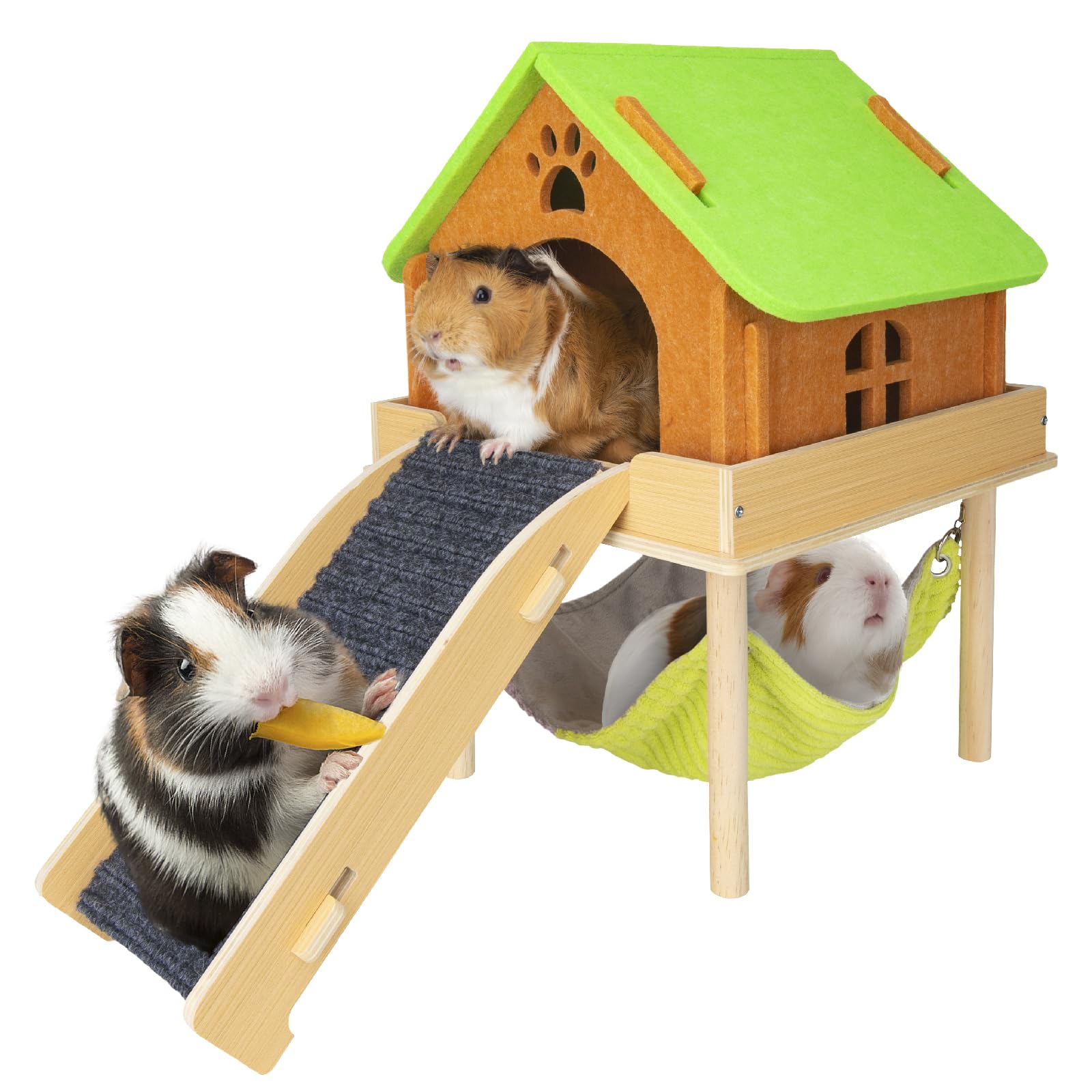 BESNEW 3-in-1 enlarged guinea pig hammock with house and platform for versatile hide-and-play.