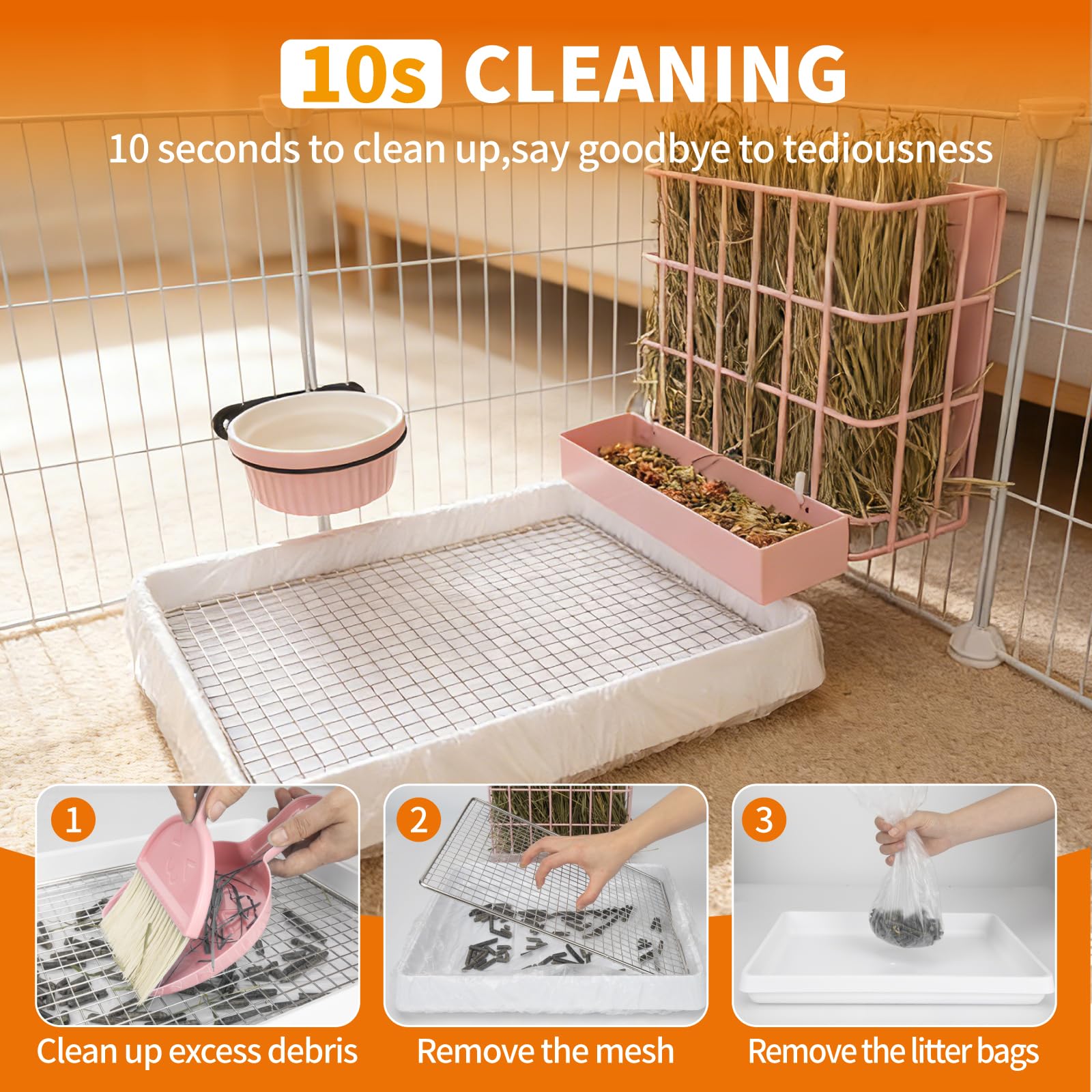 BESNEW 3-in-1 rabbit feeder side view, integrated hay, water, and litter.