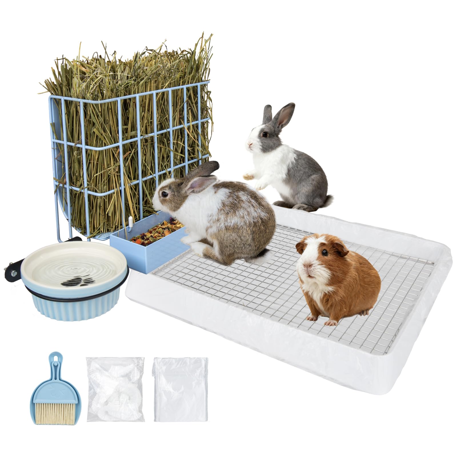 BESNEW 3-in-1 rabbit feeder front view showing integrated hay, litter, and water access