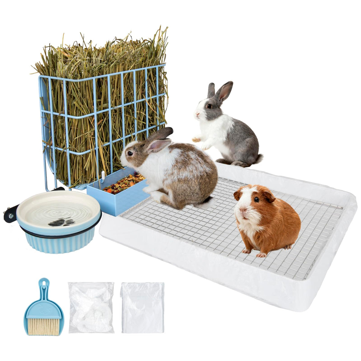 BESNEW 3-in-1 rabbit feeder front view showing integrated hay, litter, and water access