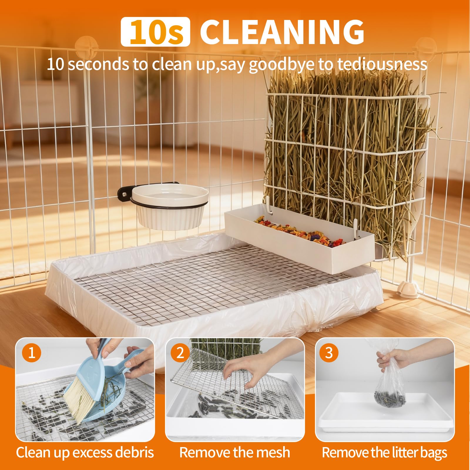 Besnew 3-in-1 rabbit hay feeder side view in compact cage