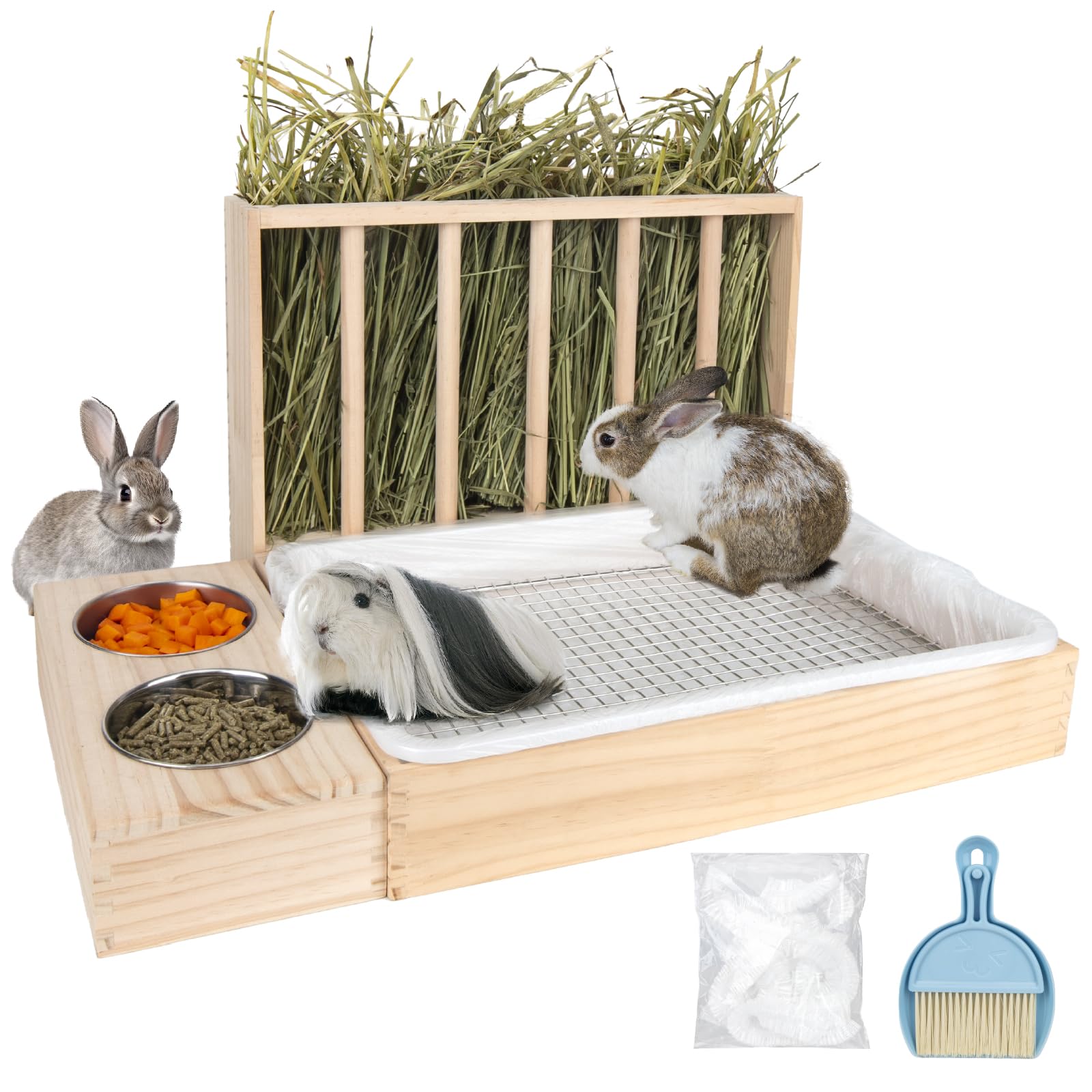 BESNEW 3 in 1 rabbit hay feeder with litter box in action, tidy feeding setup