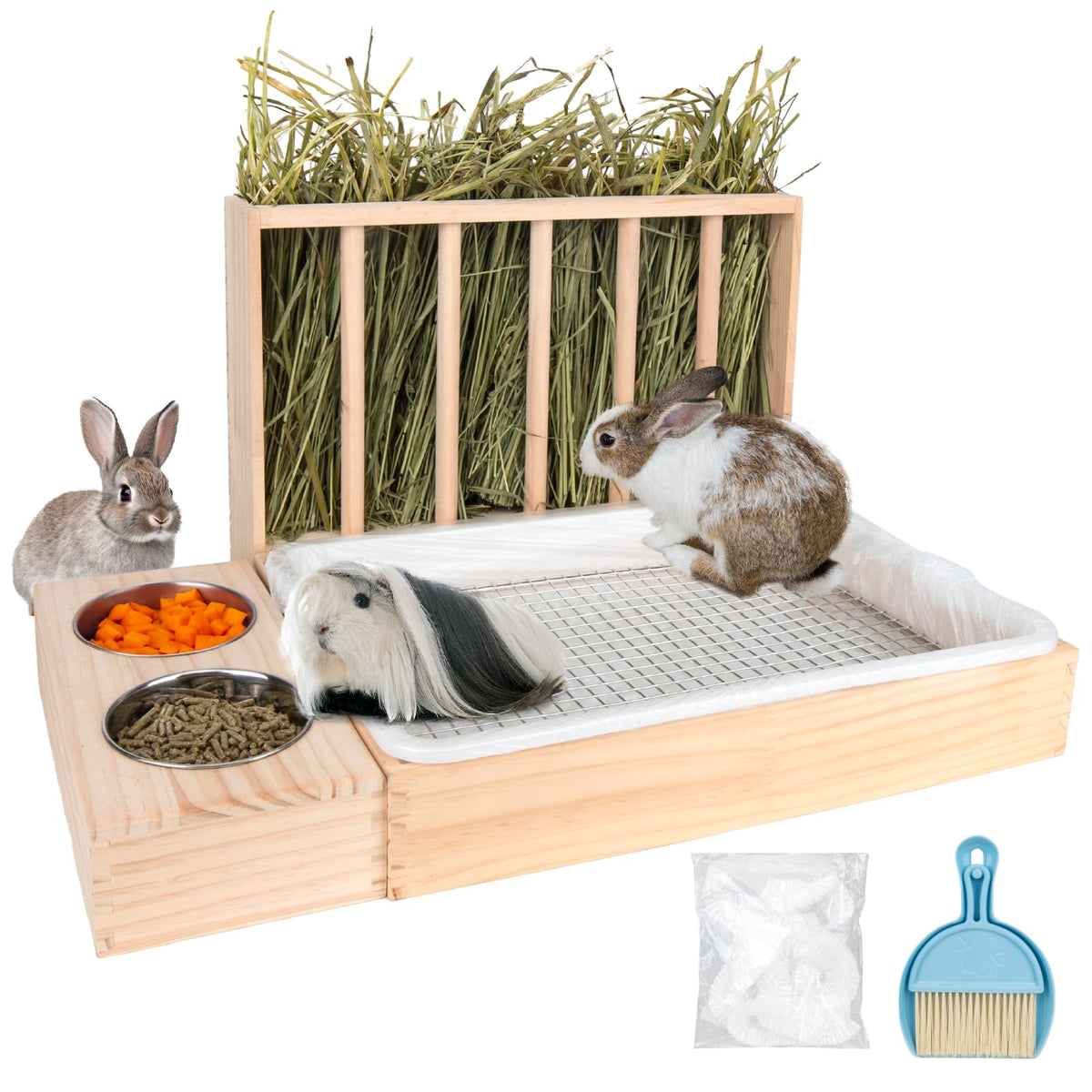 BESNEW 3 in 1 rabbit hay feeder with litter box in action, tidy feeding setup