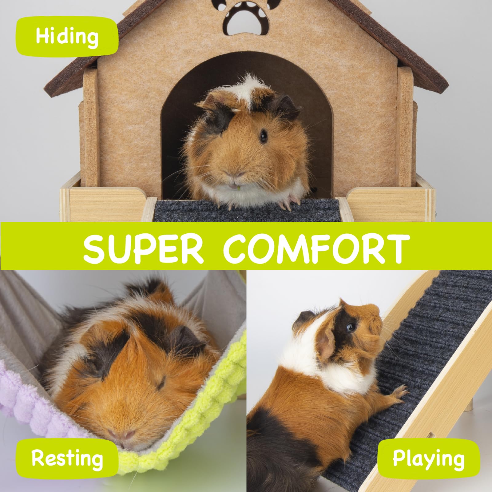 BESNEW 3-in-1 enlarged guinea pig house creates a private hideaway nap spot.