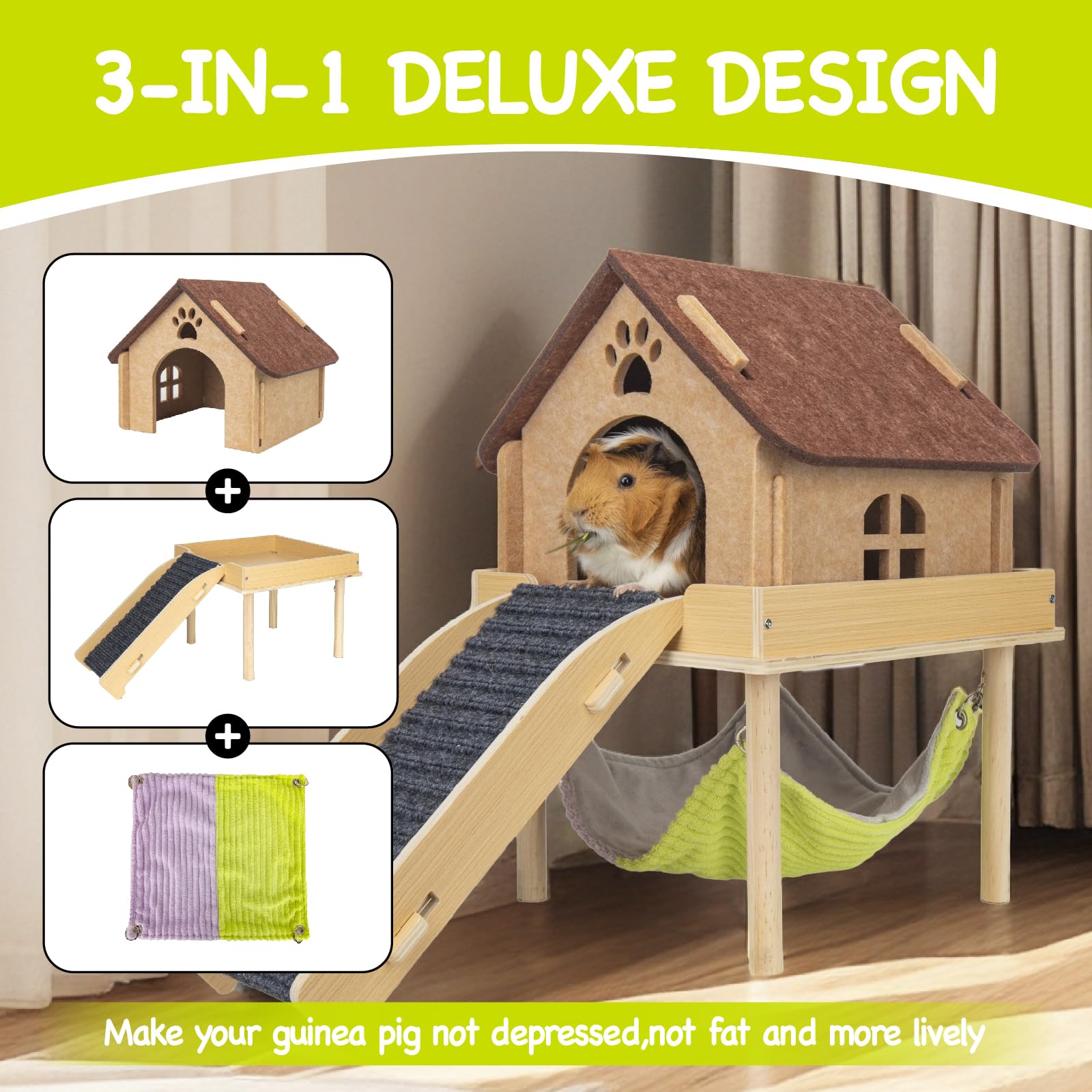 BESNEW 3-in-1 enlarged guinea pig platform gives elevated space for exploration.