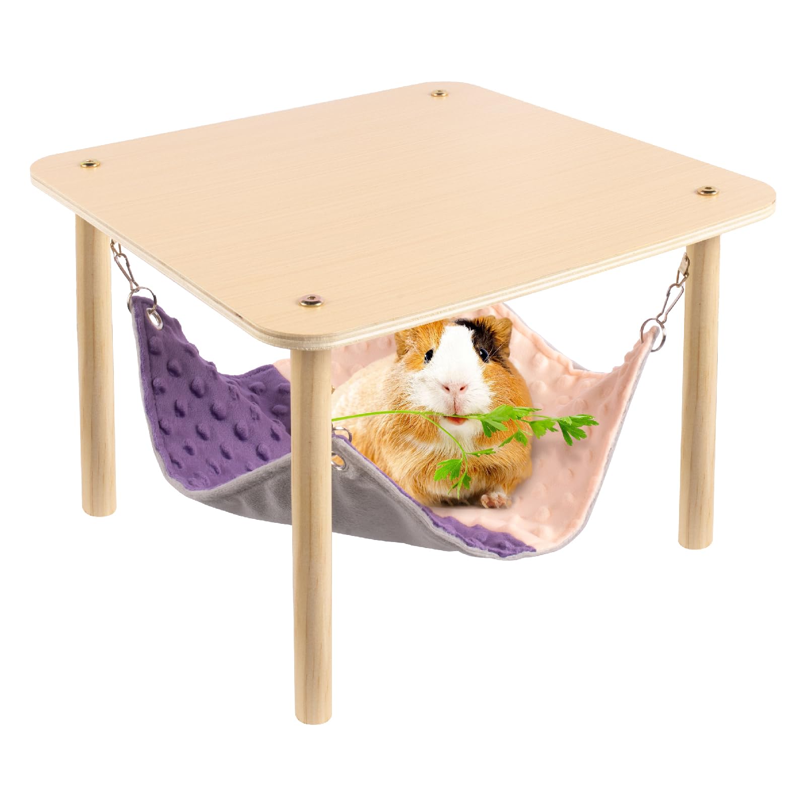 BESNEW enlarged guinea pig hammock with wooden stand provides a cozy resting nook for small pets.