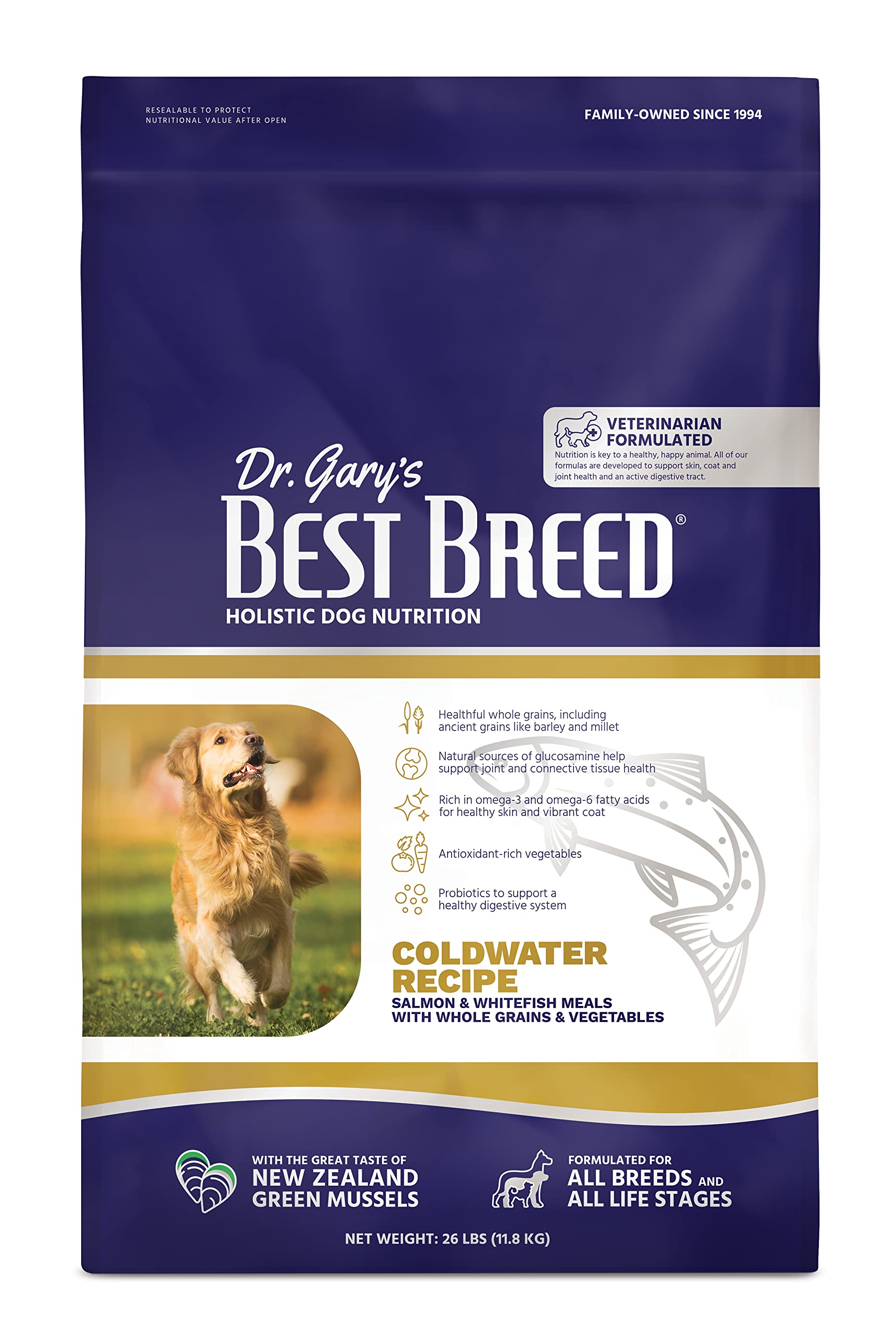 Best Breed Coldwater Recipe dry dog food bag showing balanced nutrition for all life stages.