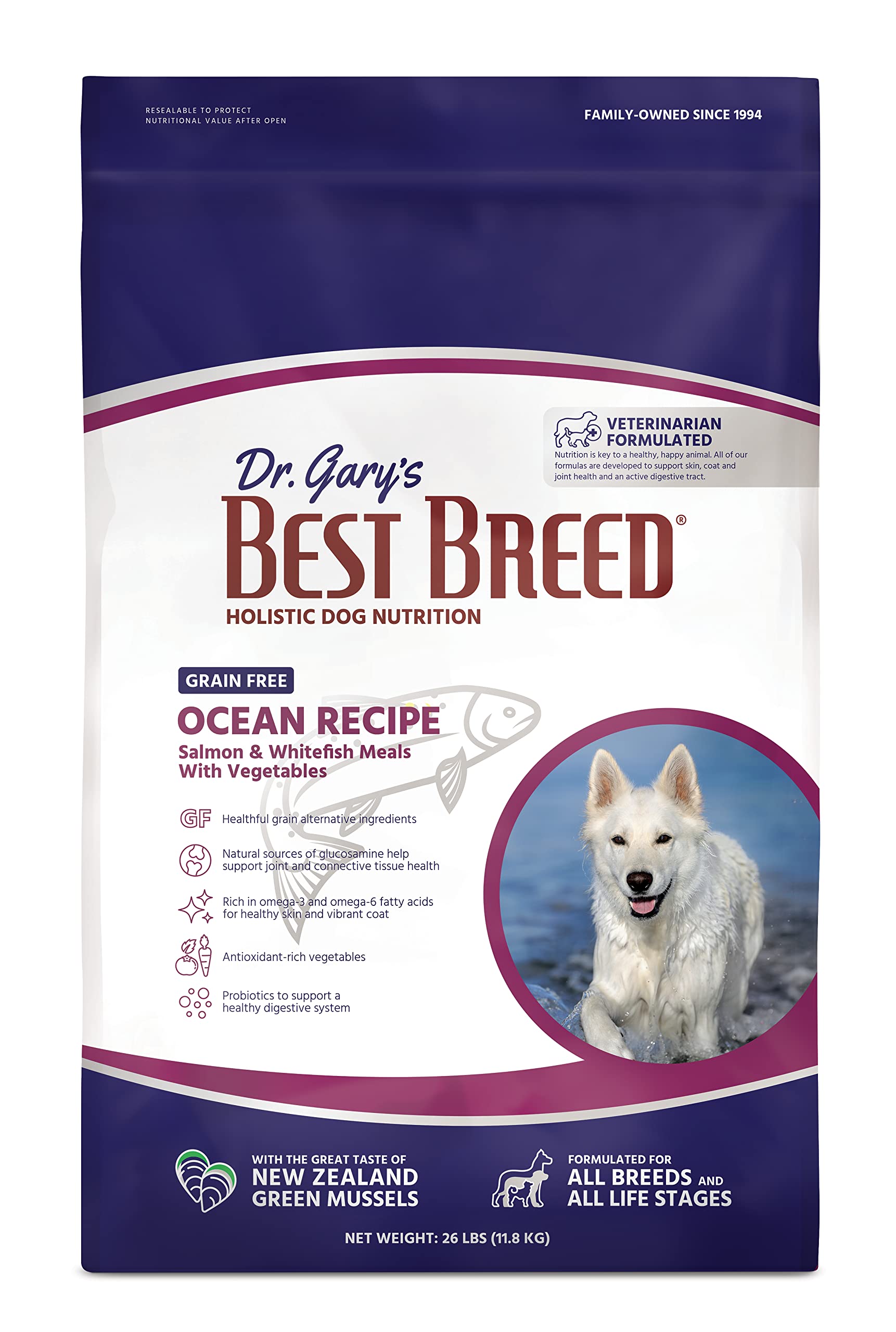 Best Breed Dr. Gary's Ocean Recipe salmon kibble supports a shiny coat with omega-3 nourishment