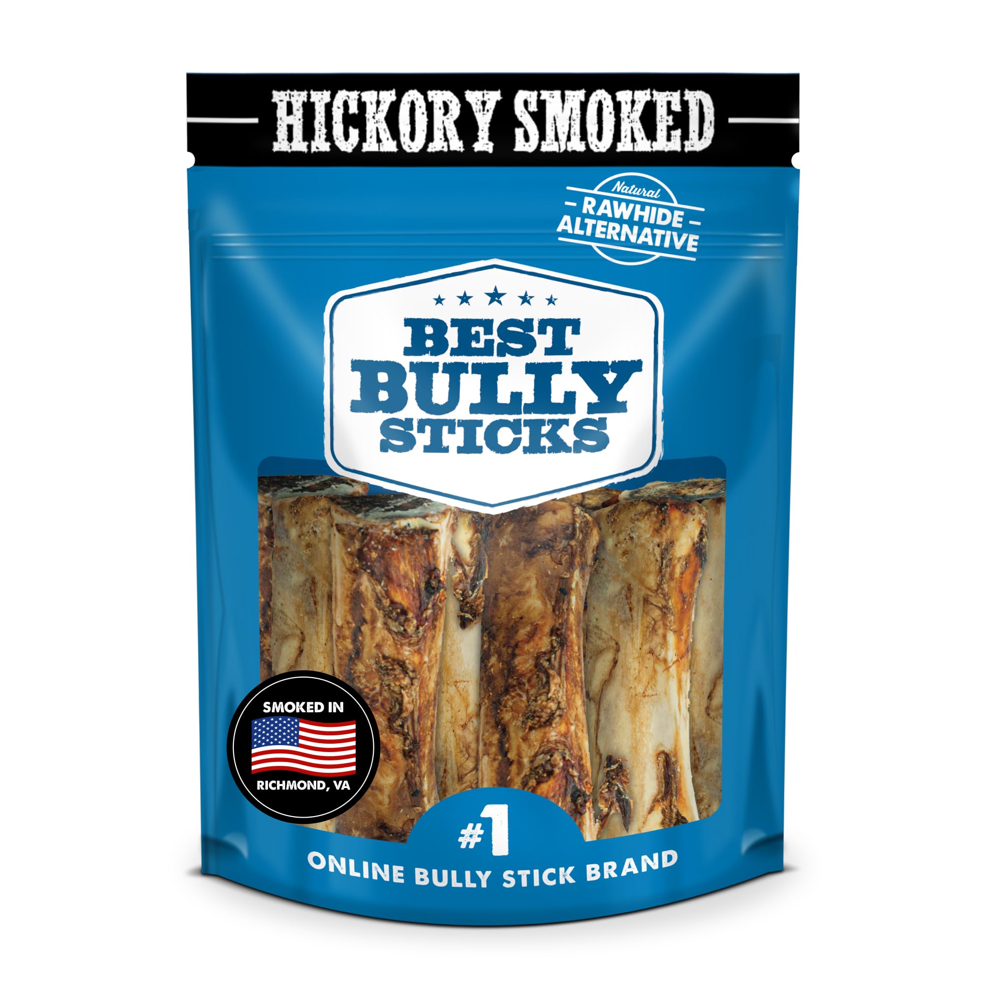 Best Bully Sticks hickory-smoked marrow bones in packaging, long-lasting chew for dogs.