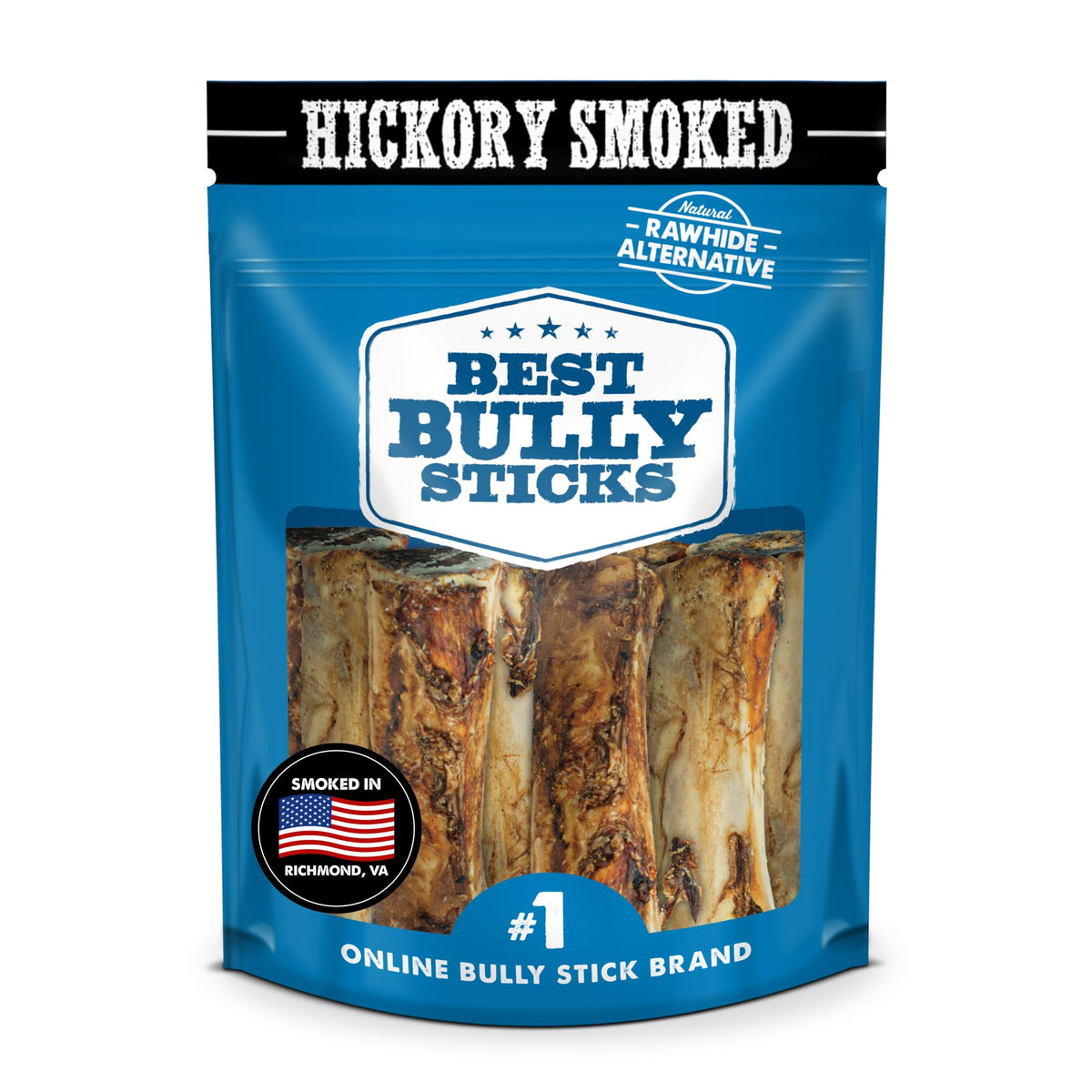 Best Bully Sticks hickory-smoked marrow bones in packaging, long-lasting chew for dogs.