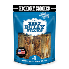Best Bully Sticks hickory-smoked marrow bones in packaging, long-lasting chew for dogs.