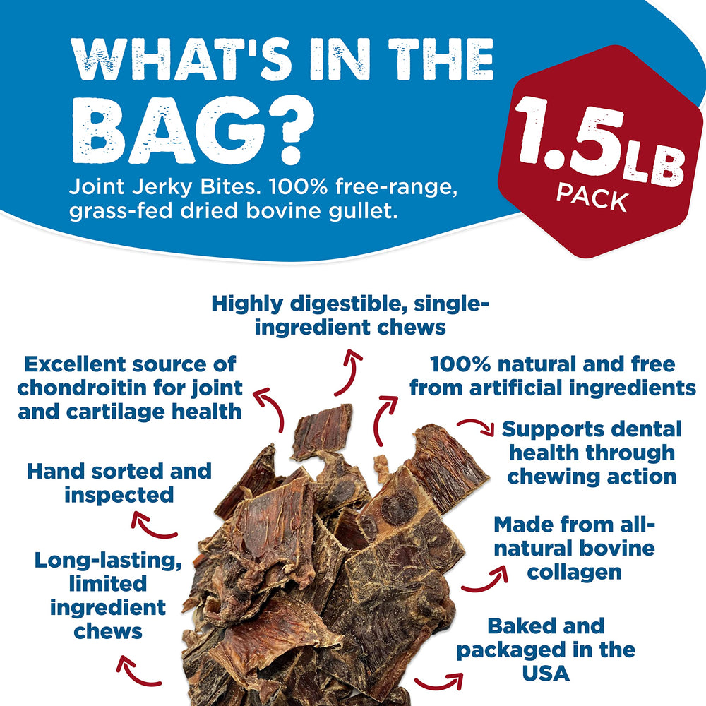 Best Bully Sticks Joint Jerky Gullet Bites open bag shows bite-sized pieces for training rewards