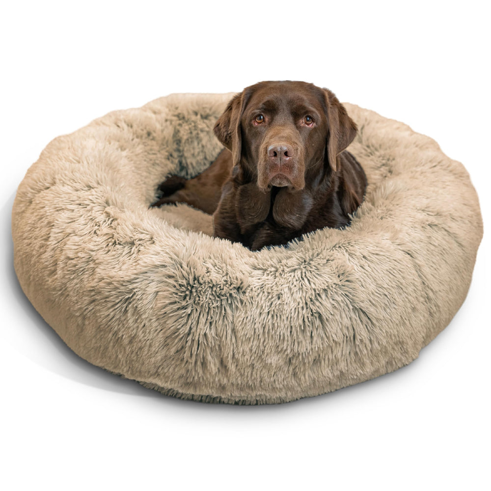 Best Friends by Sheri donut bed large 36x36 taupe shag fur for cozy naps.